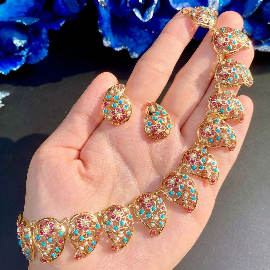 Paisley Necklace Set | Gold Plated Sterling Silver | Traditional Indian Jadau NS 202