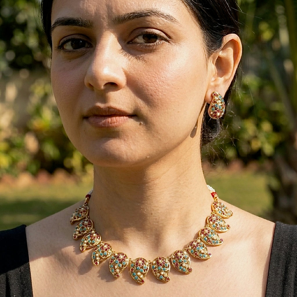Paisley Necklace Set | Gold Plated Sterling Silver | Traditional Indian Jadau NS 202