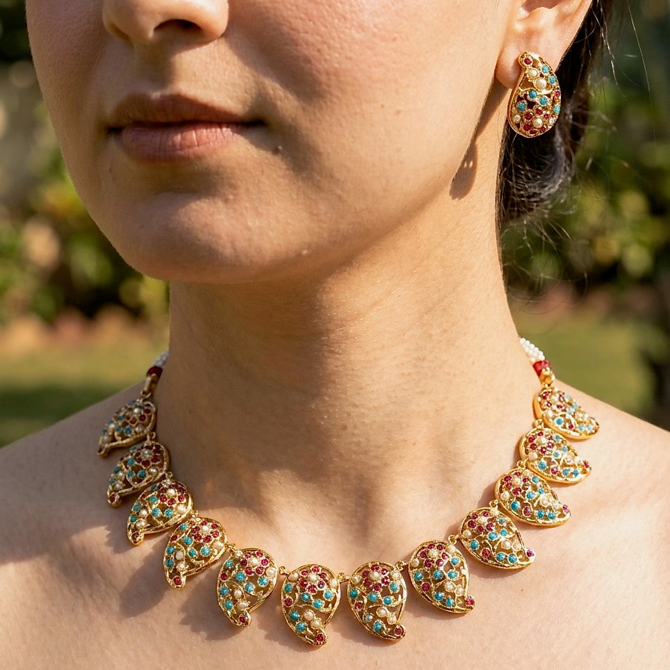 Paisley Necklace Set | Gold Plated Sterling Silver | Traditional Indian Jadau NS 202