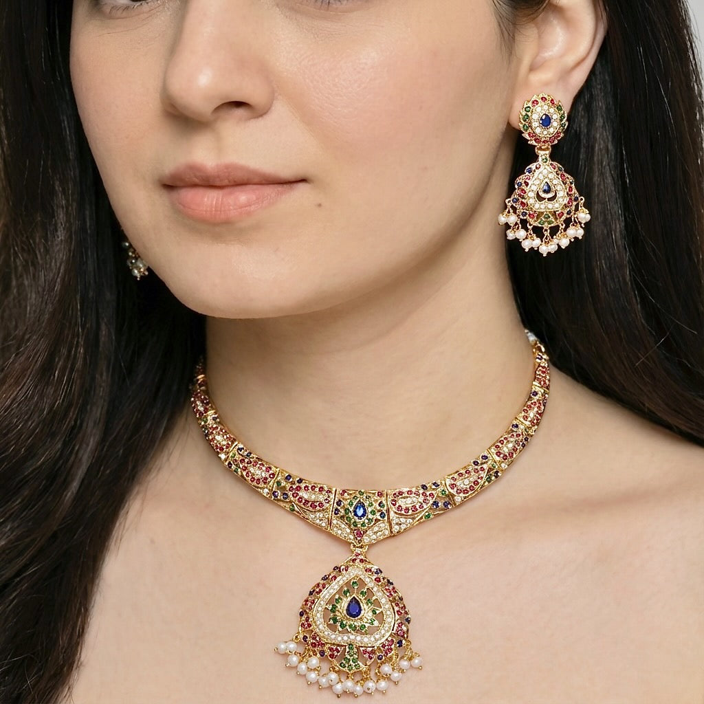 Exquisite Silver Necklace Set | Multicoloured Jadau Jewelry NS 160