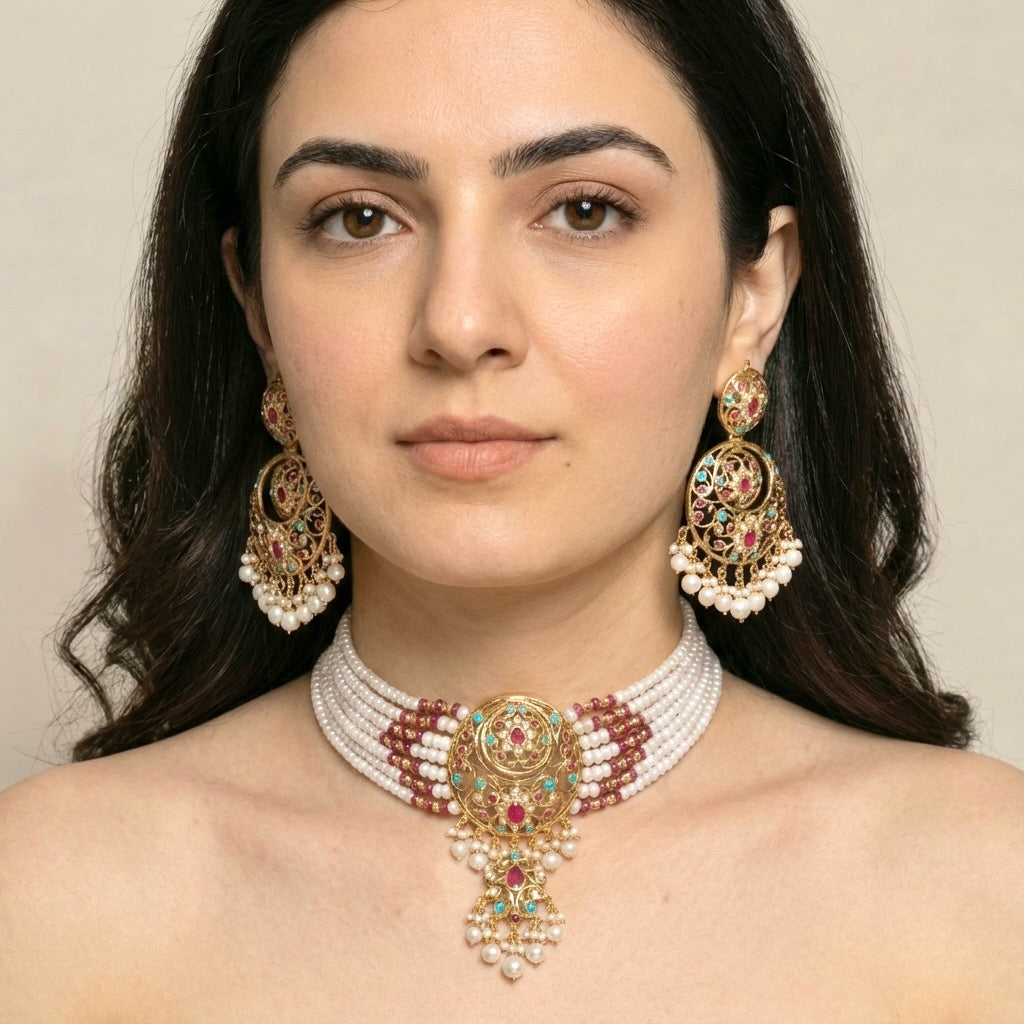 Gold Plated Jadau Choker Set | Party Wear Indian Jewelry Online NS 154
