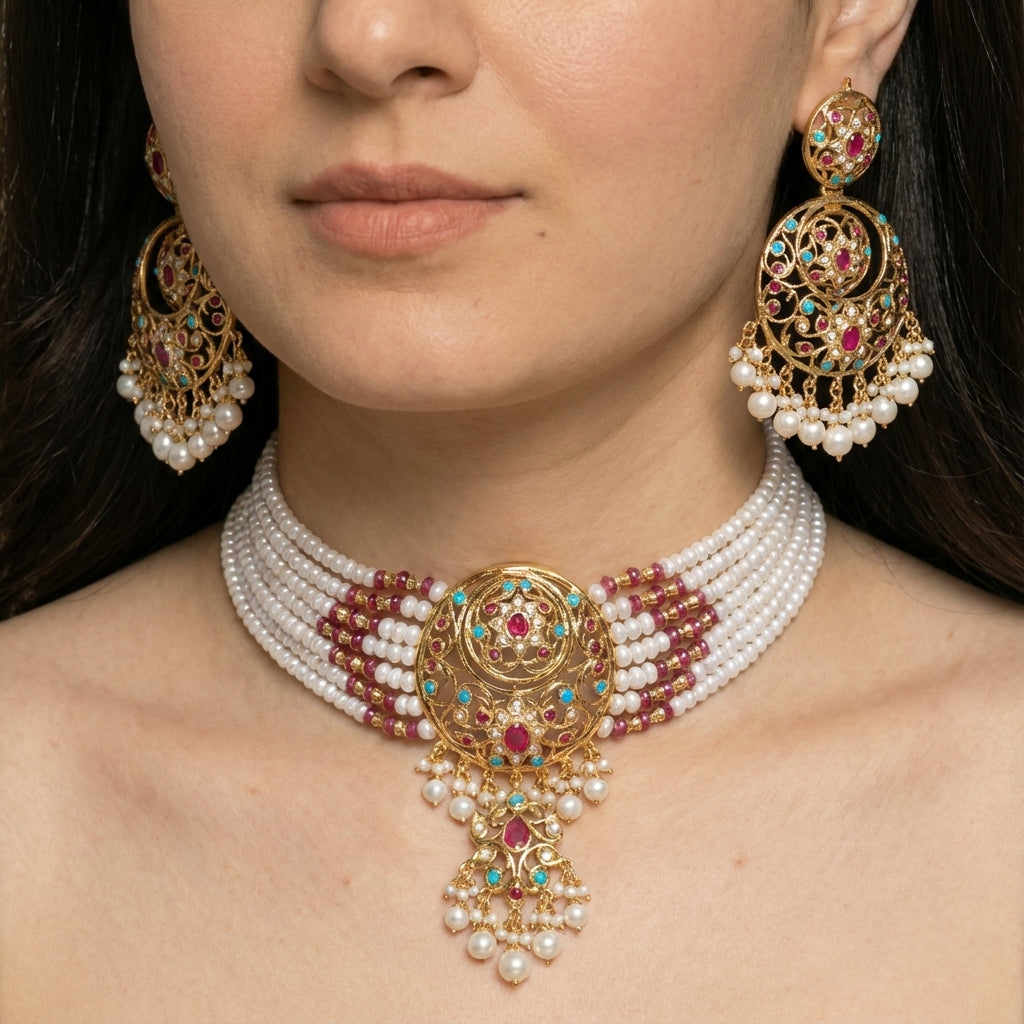 Gold Plated Jadau Choker Set | Party Wear Indian Jewelry Online NS 154
