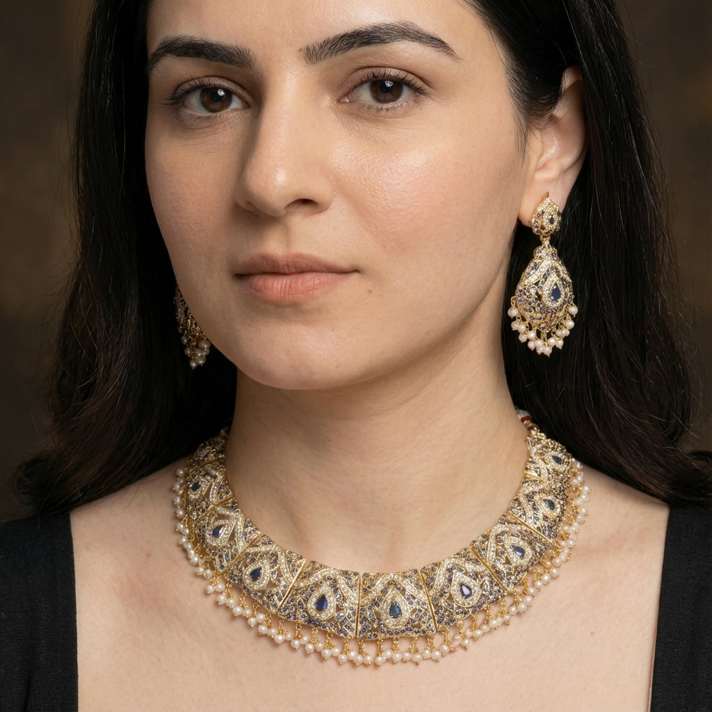 Punjabi Jadau Necklace Set on Silver | Freshwater Pearl Jewelry NS 149