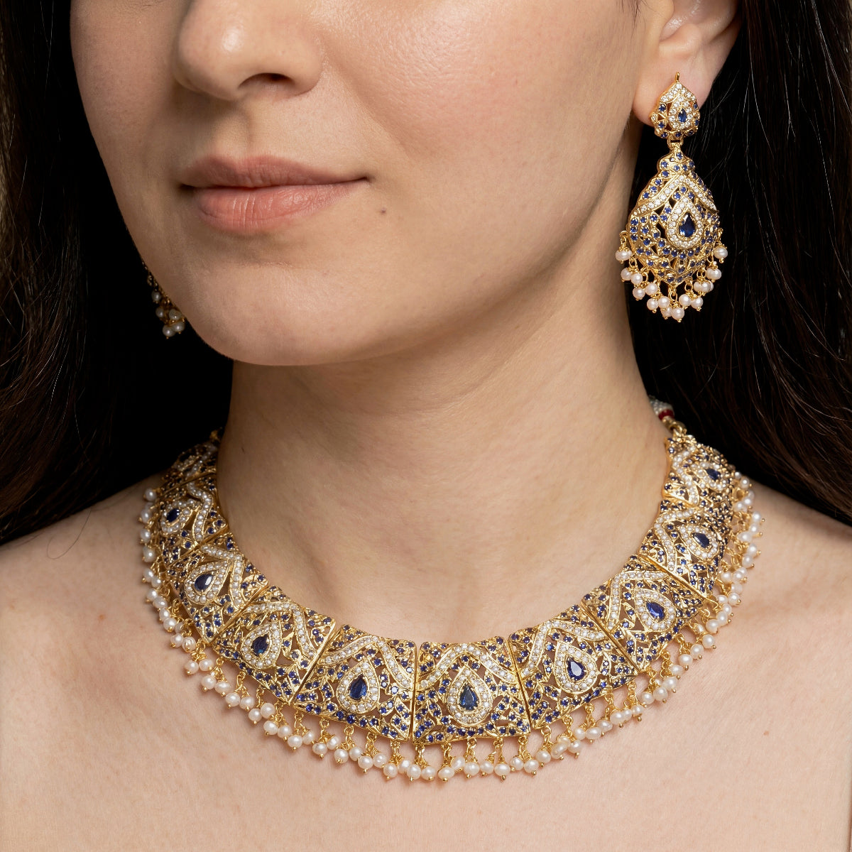 Punjabi Jadau Necklace Set on Silver | Freshwater Pearl Jewelry NS 149