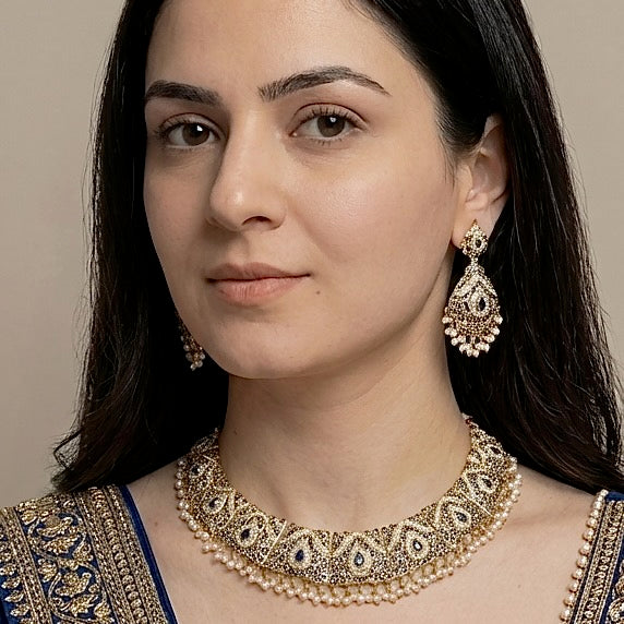 Punjabi Jadau Necklace Set on Silver | Freshwater Pearl Jewelry NS 149