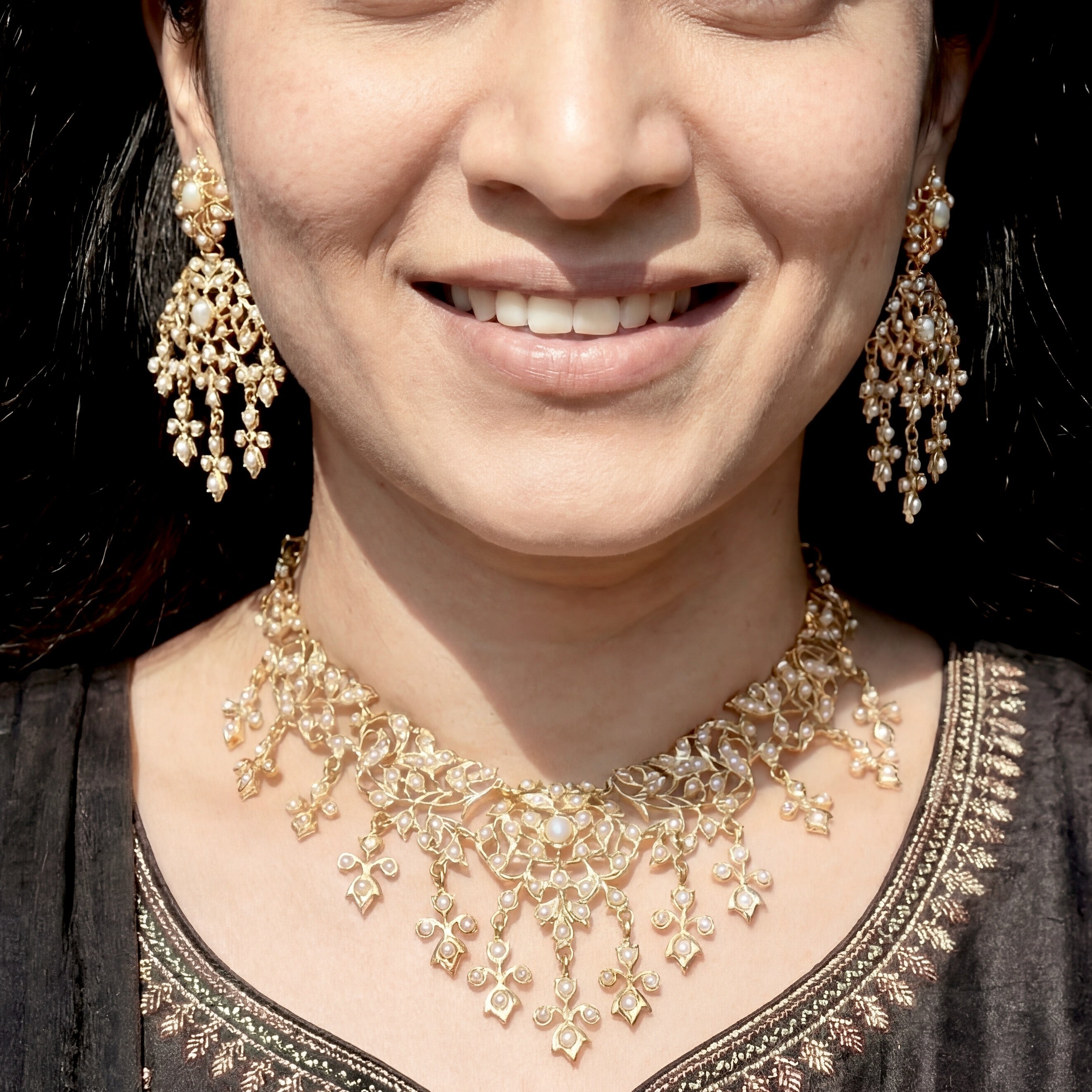 Antique Style Indian Pearl Necklace Set | Gold Polished Sterling Silver NS 093