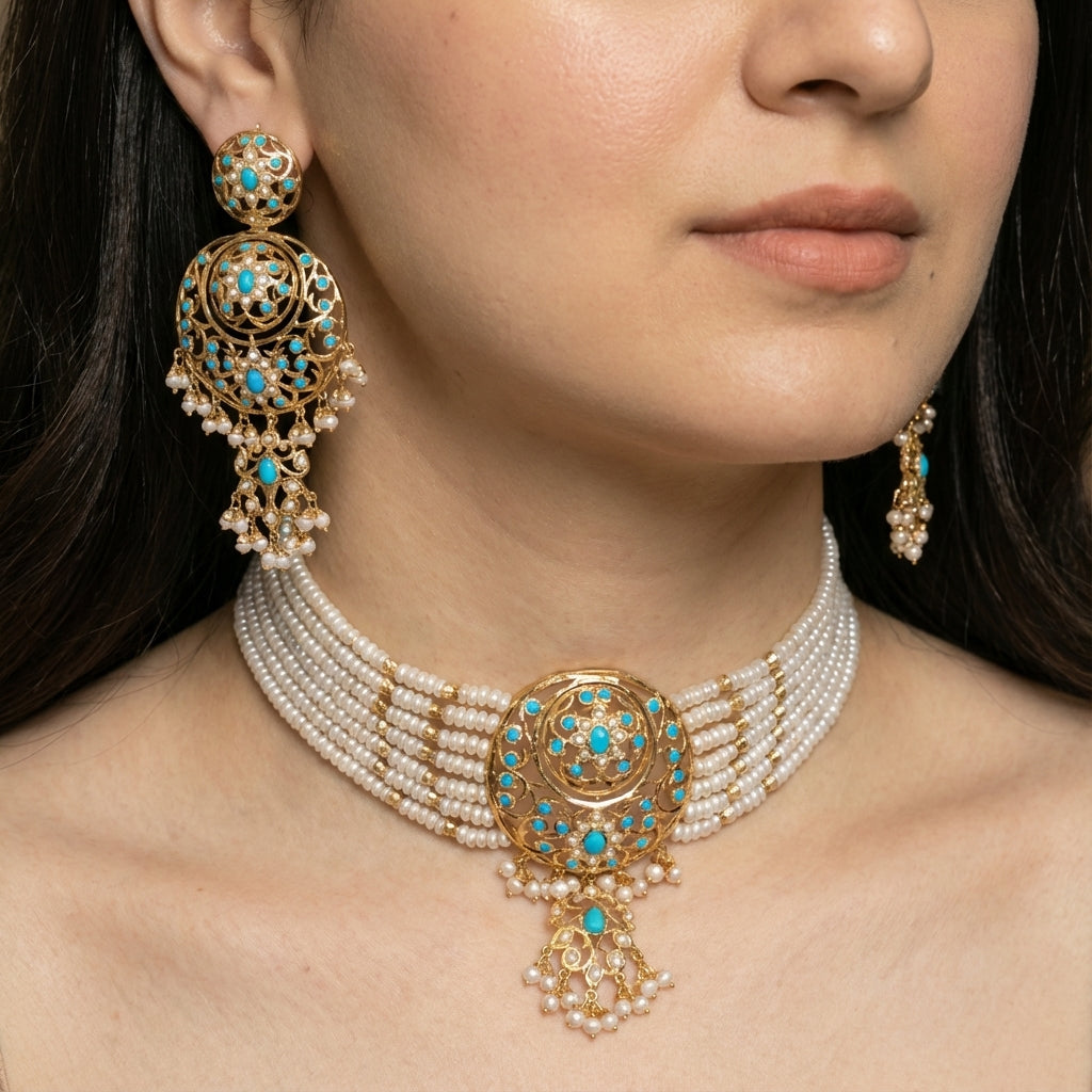 Indian Turquoise Jewelry Set | Real Pearls & Turquoises | Gold Plated on Silver NS 151