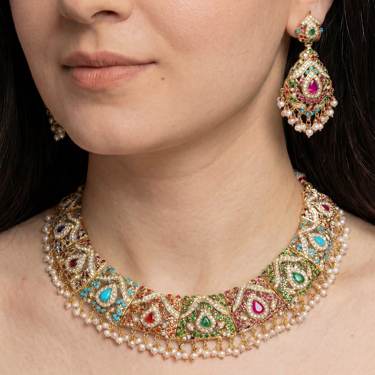 Indian Navaratna Jewellery | Navaratan Guluband Necklace Set | Gold Plated Silver NS 002