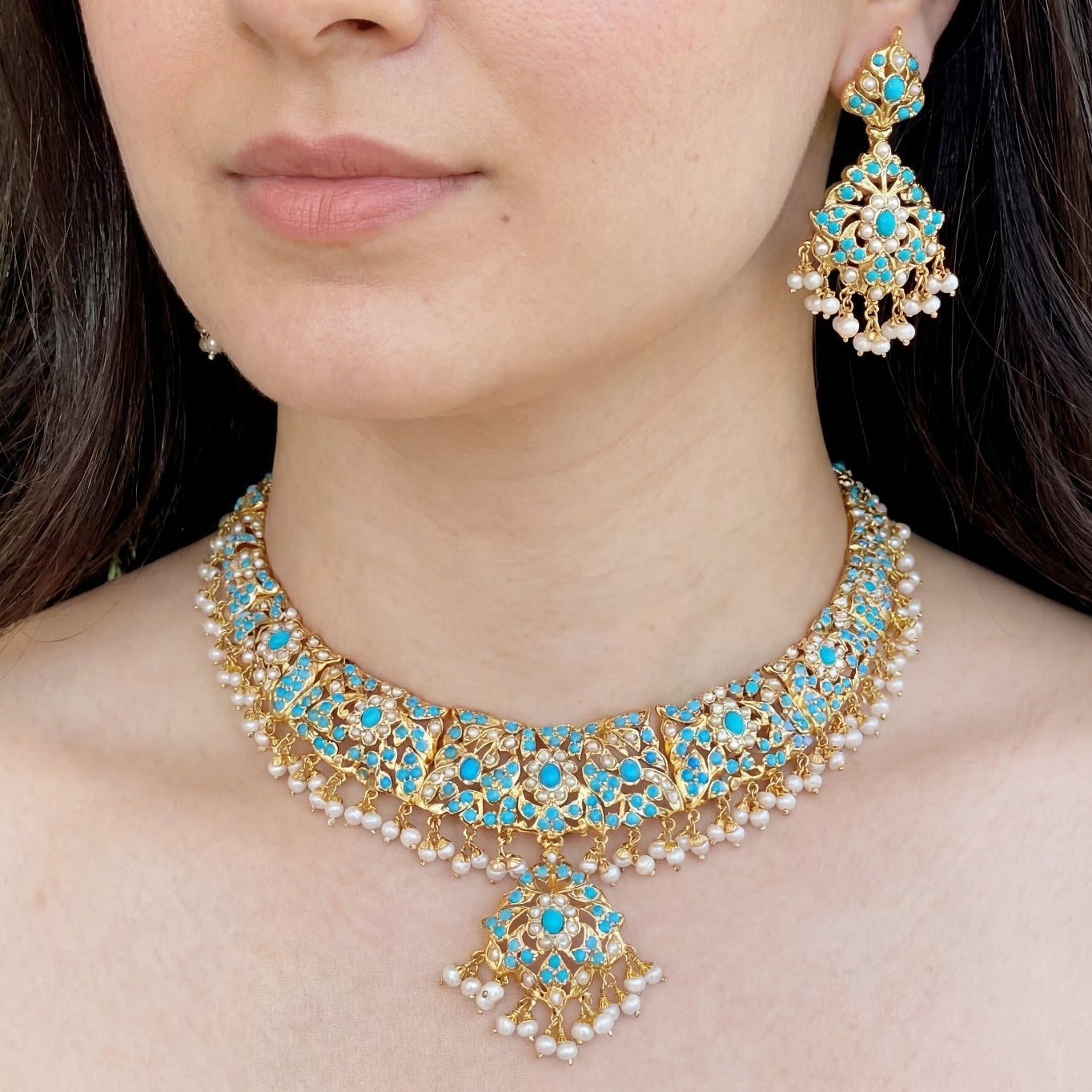 Indian Feroza Necklace with Earrings | 92.5% Silver Metal Base NS 140