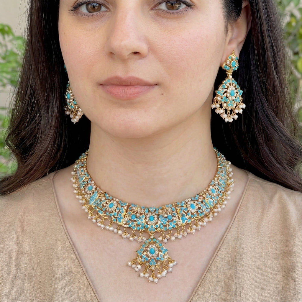 Indian Feroza Necklace with Earrings | 92.5% Silver Metal Base NS 140