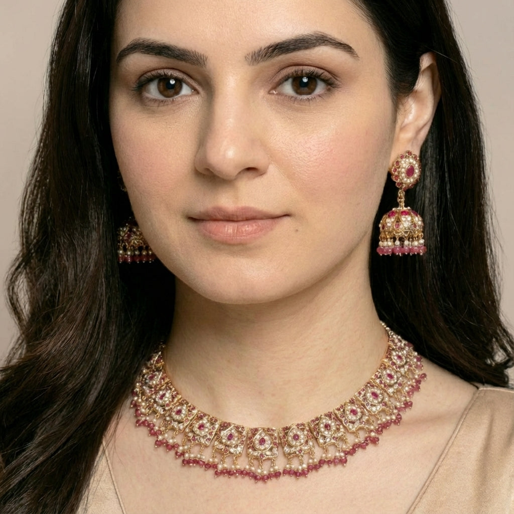 Sophisticated Jadau Necklace with Jhumka Earrings | Gold Plated on Silver NS 402