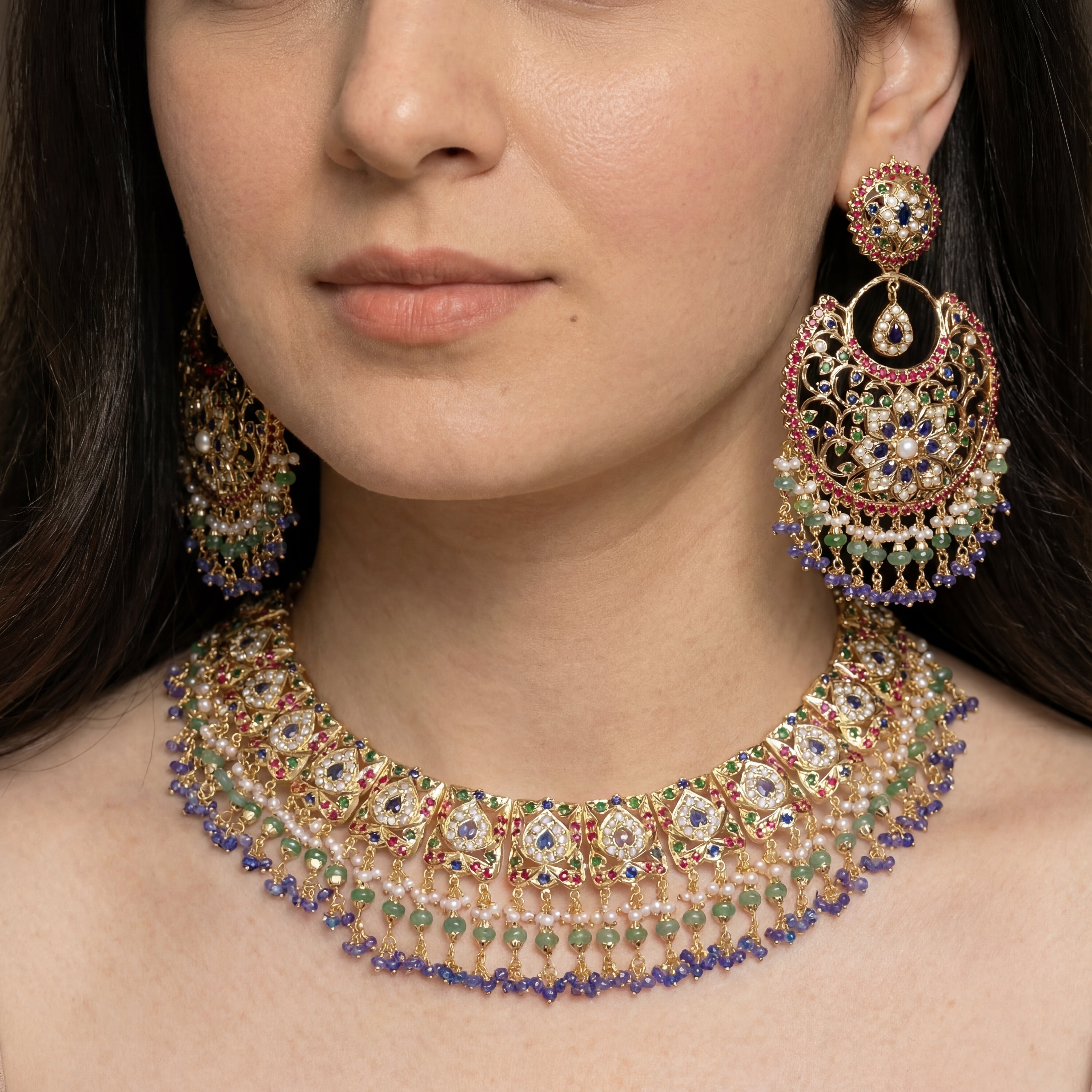 Bridal Indian Jewelry Set | 925 Silver Necklace & Chandbali Earrings NS 146