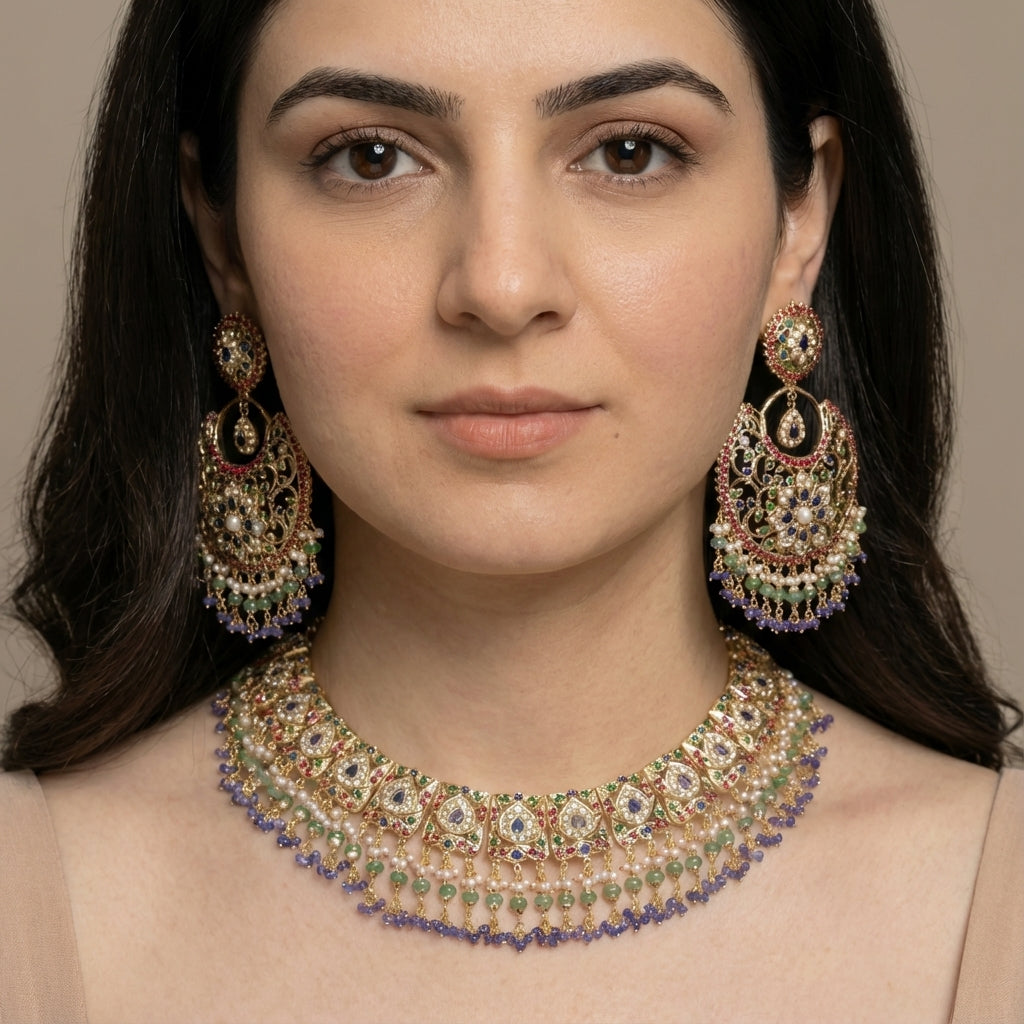 Bridal Indian Jewelry Set | 925 Silver Necklace & Chandbali Earrings NS 146