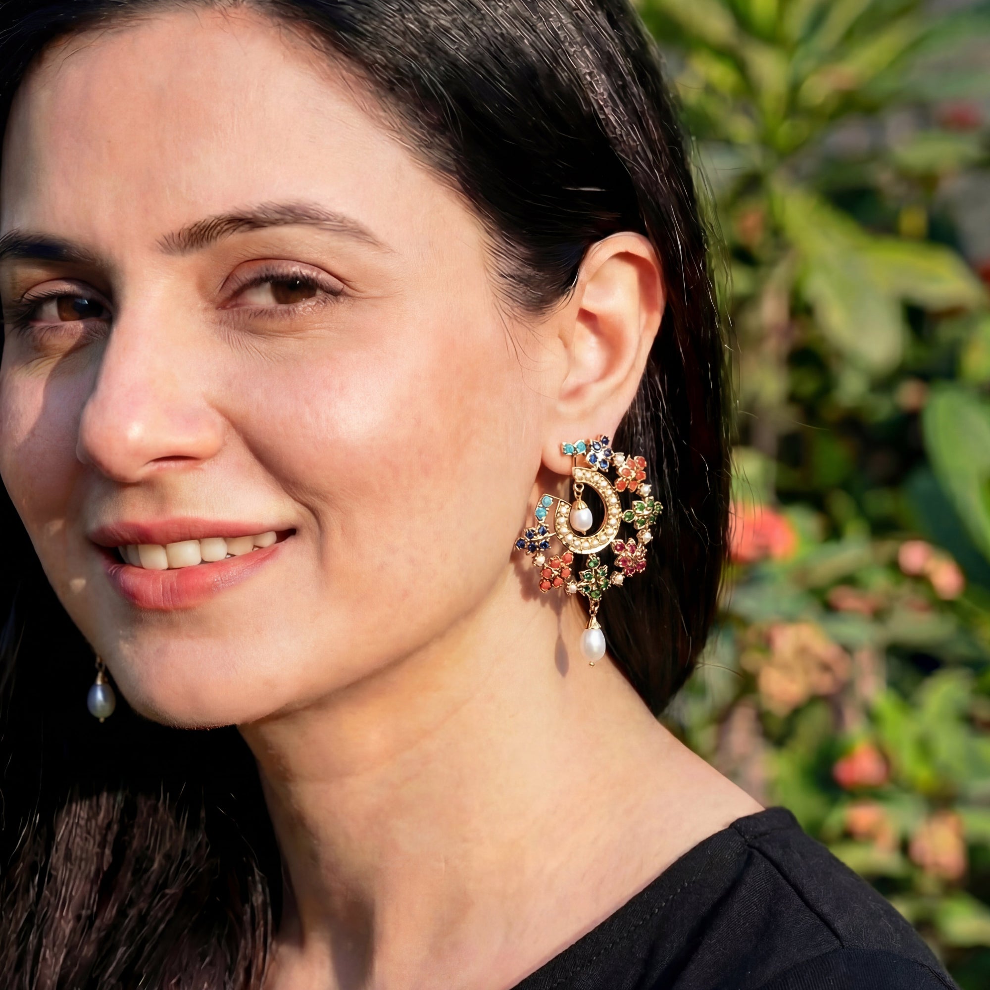 Navaratna Stud Earrings on Silver | Dainty Indo-western Earrings ER 441