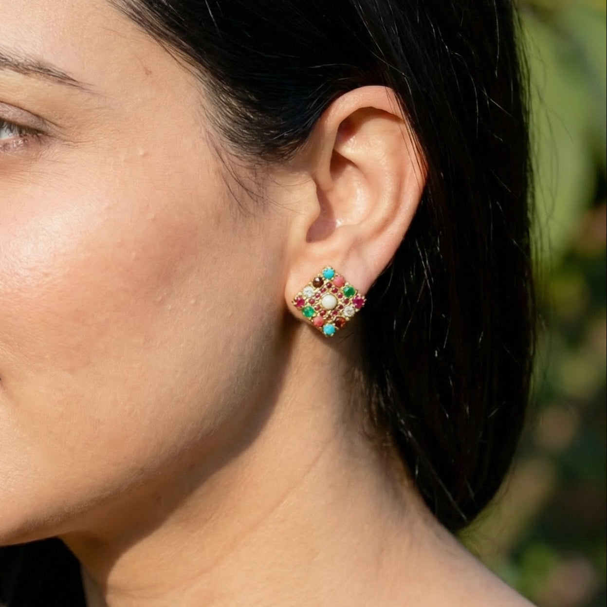 Gold Plated Navrattan Jadau Stud Earrings ER 093