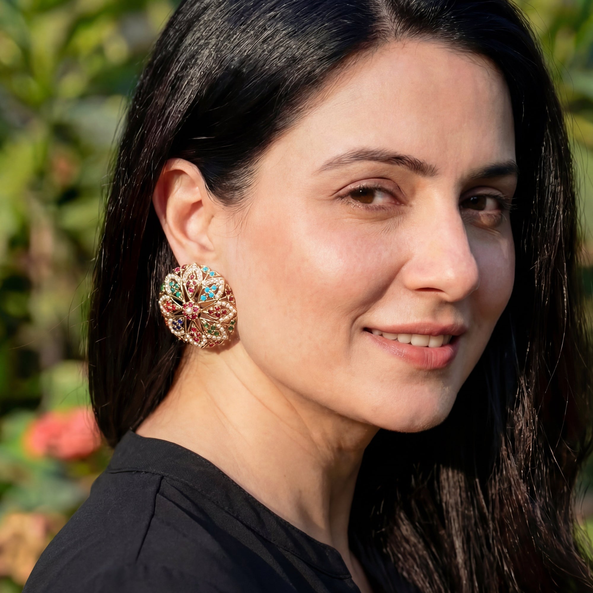 Statement Navaratna Studs | Large Round Tops For Women | Indian Silver Fashion Earrings ER 450