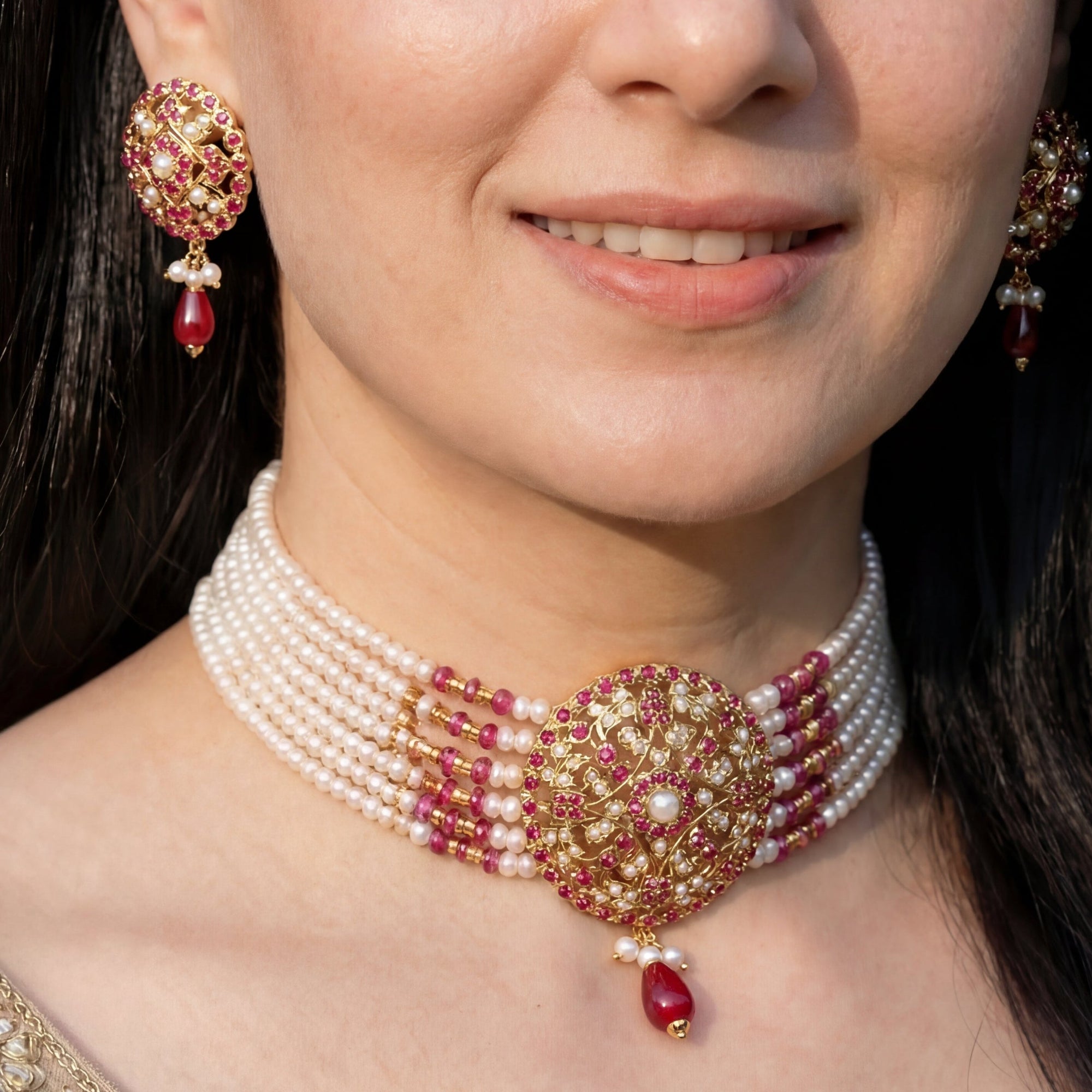 Gold Plated Ruby Pearl Choker Set made with Jadau Technique NS 103
