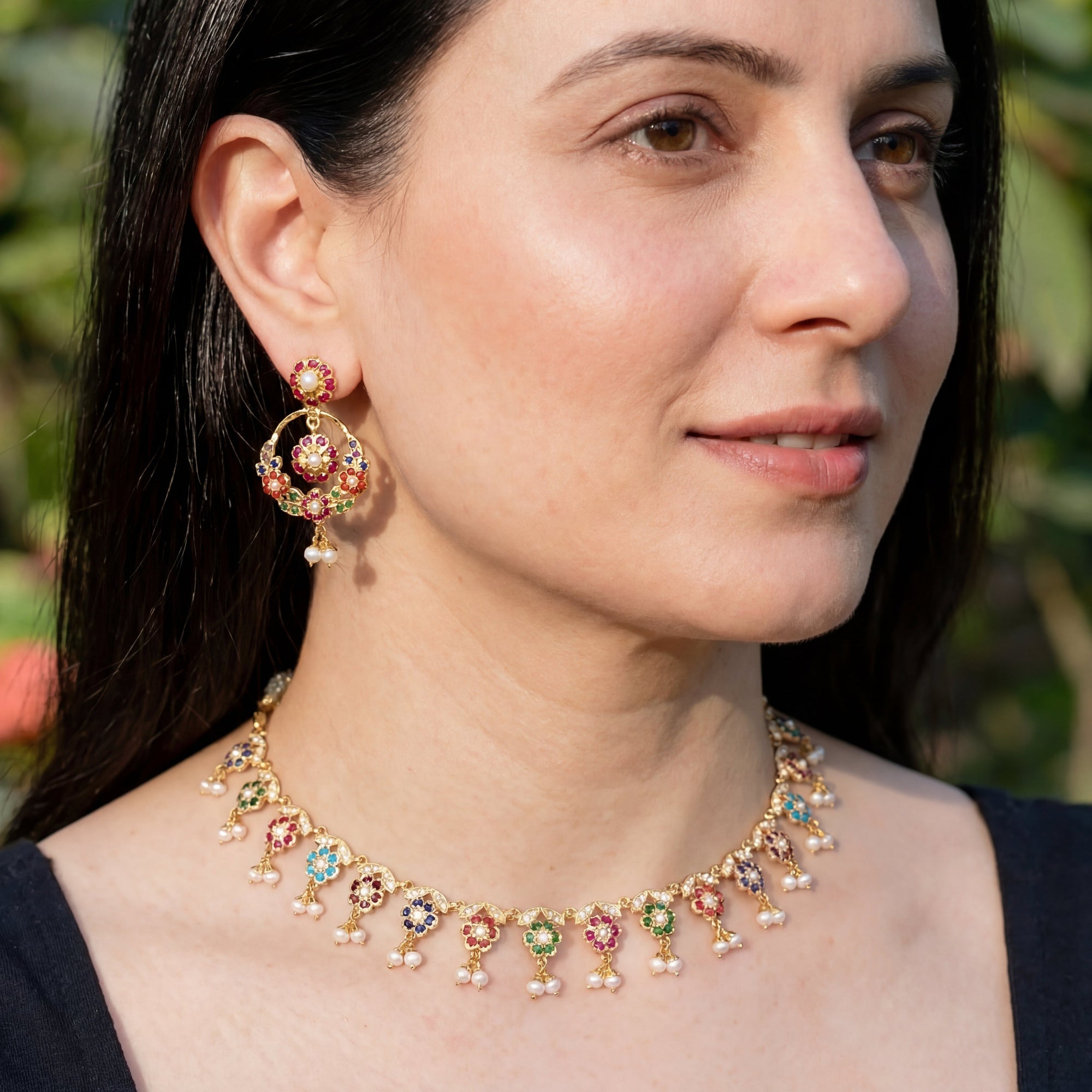 Elegant and Delicate Navaratna Set | Indian Navaratna Jewellery on Silver NS 196