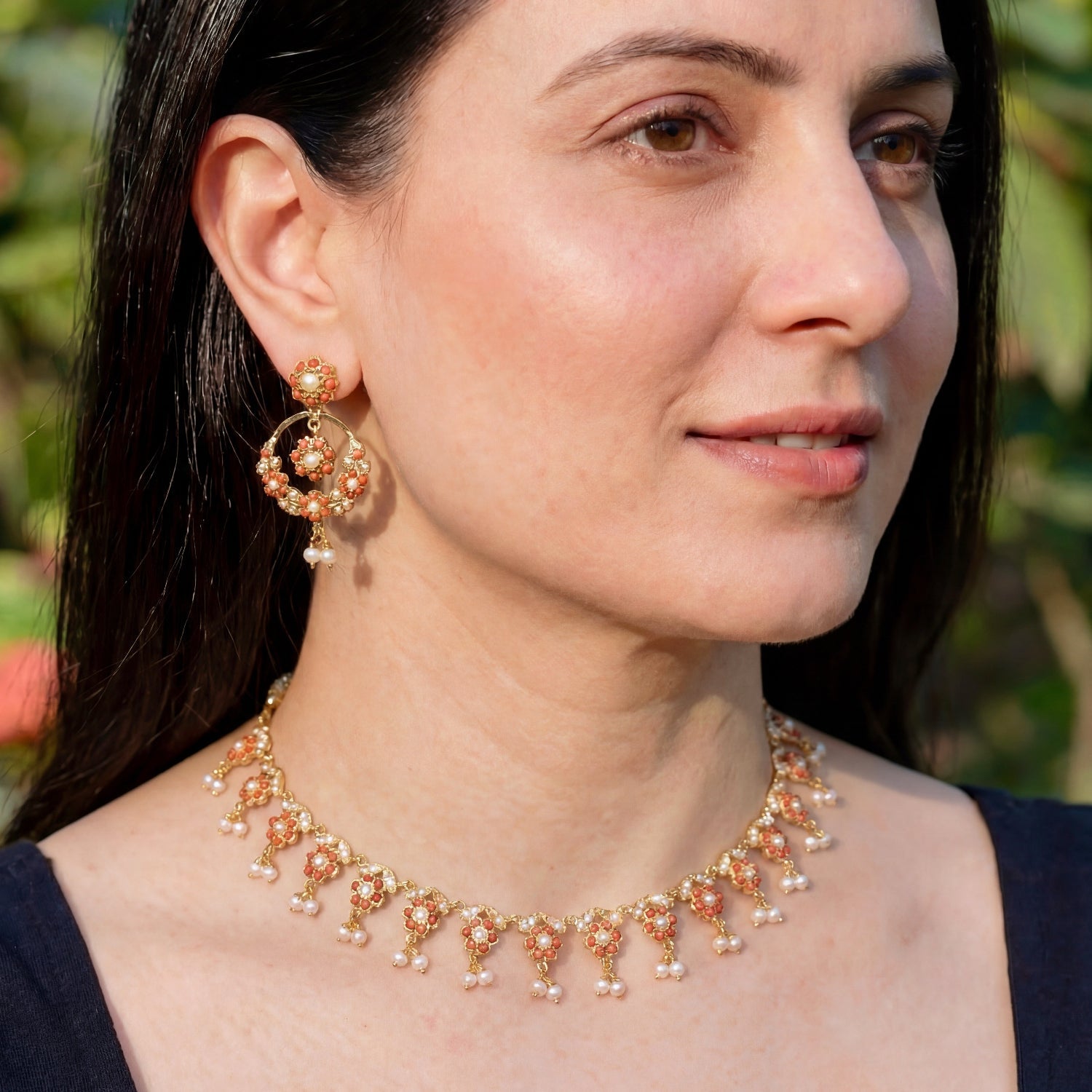Sleek Pearl Coral Necklace with Small Chandbali Earrings | Gold Plated on Silver NS 390