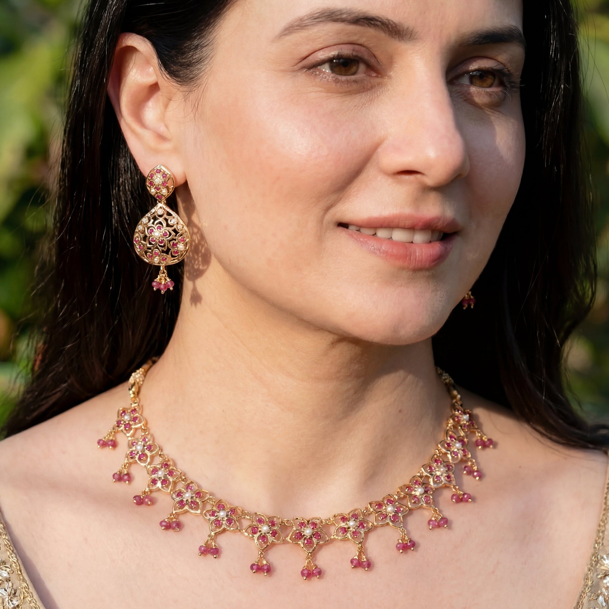 Modern Jadau Necklace Set | Ruby Red Stones & Pearls Studded NS 362