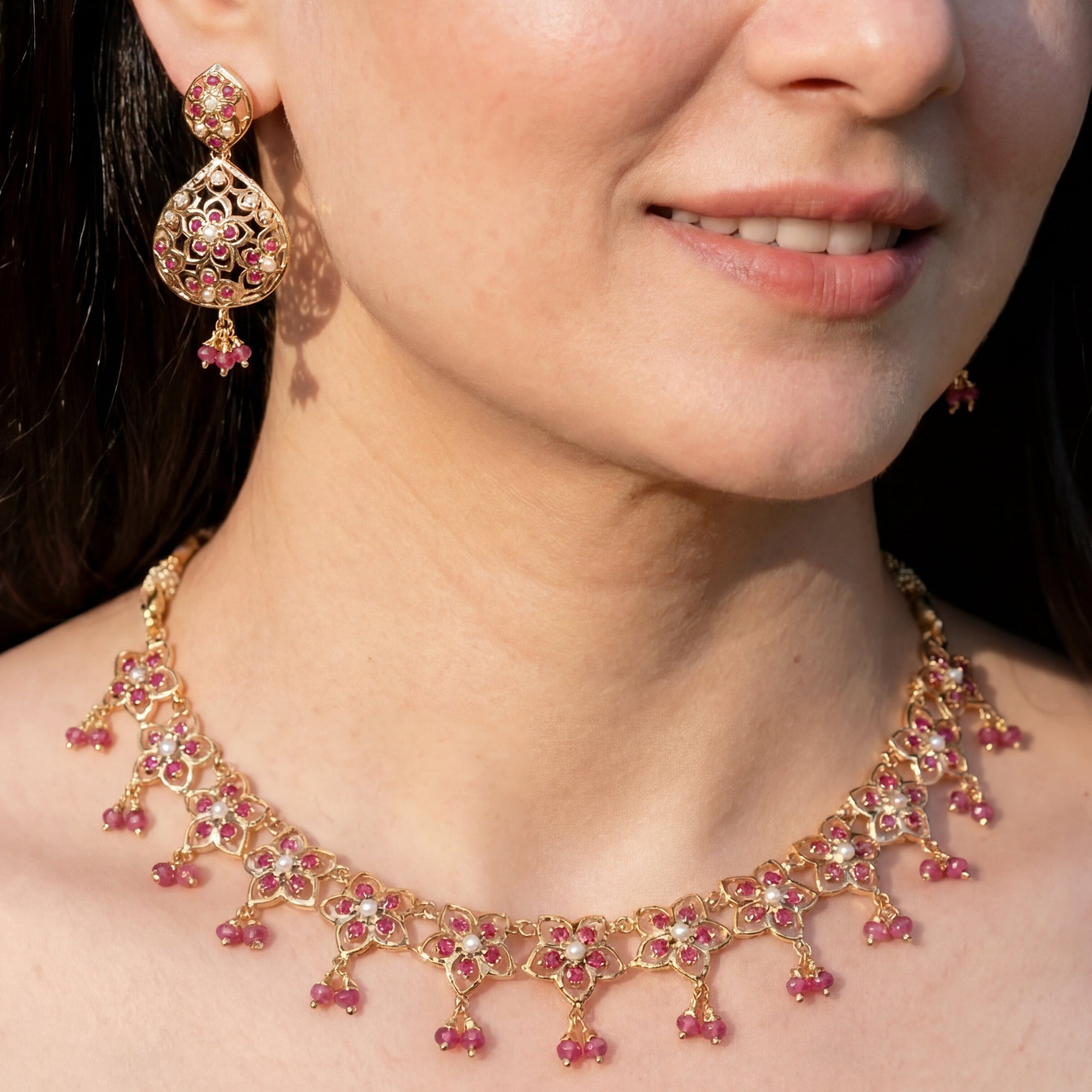 Modern Jadau Necklace Set | Ruby Red Stones & Pearls Studded NS 362