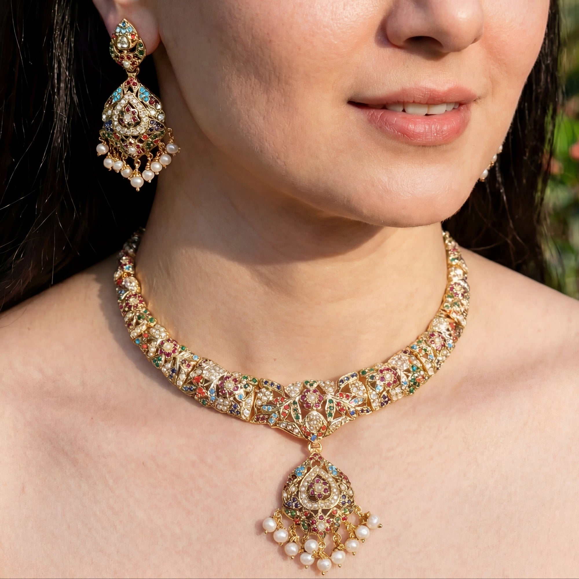 Navrattan Necklace Set | Fine Jadau Jewellery| Gold Plated Silver NS 063