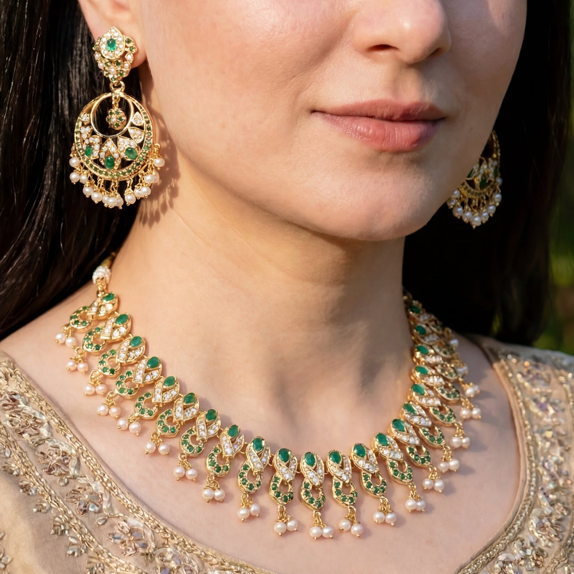 Silver Jewellery Set | Emerald Like Green Stones & Pearls NS 165
