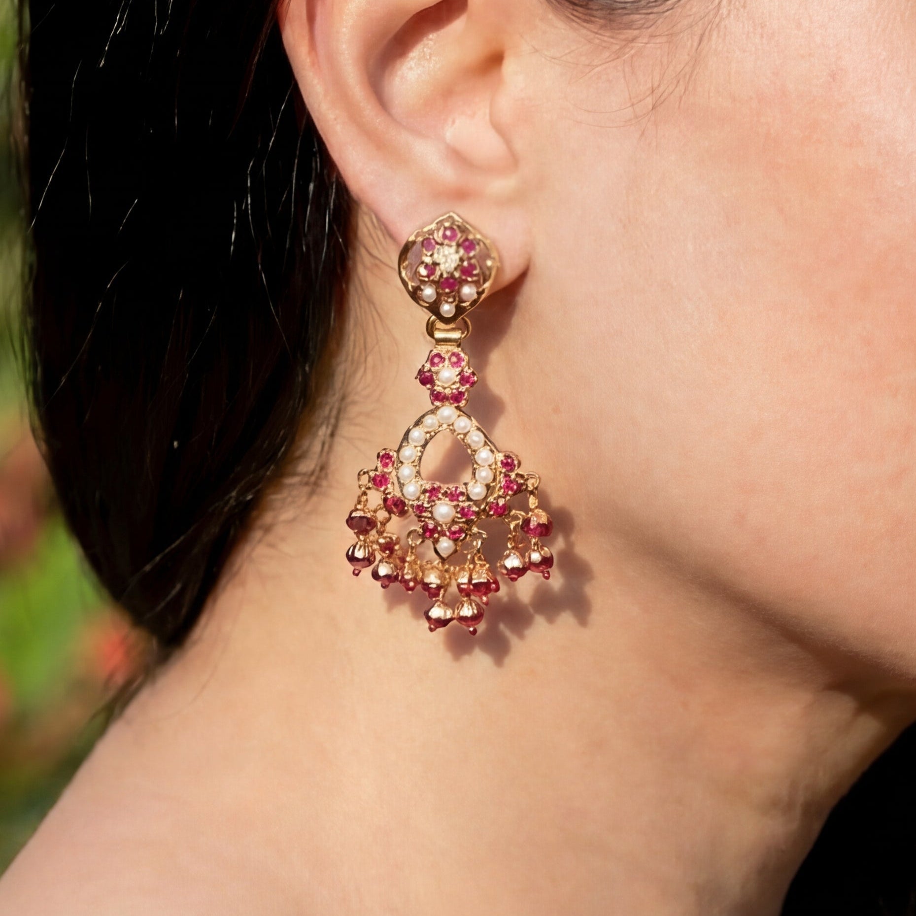Dainty Ruby & Pearl Earrings | Small Jadau Earrings | Gold Plated ER 424