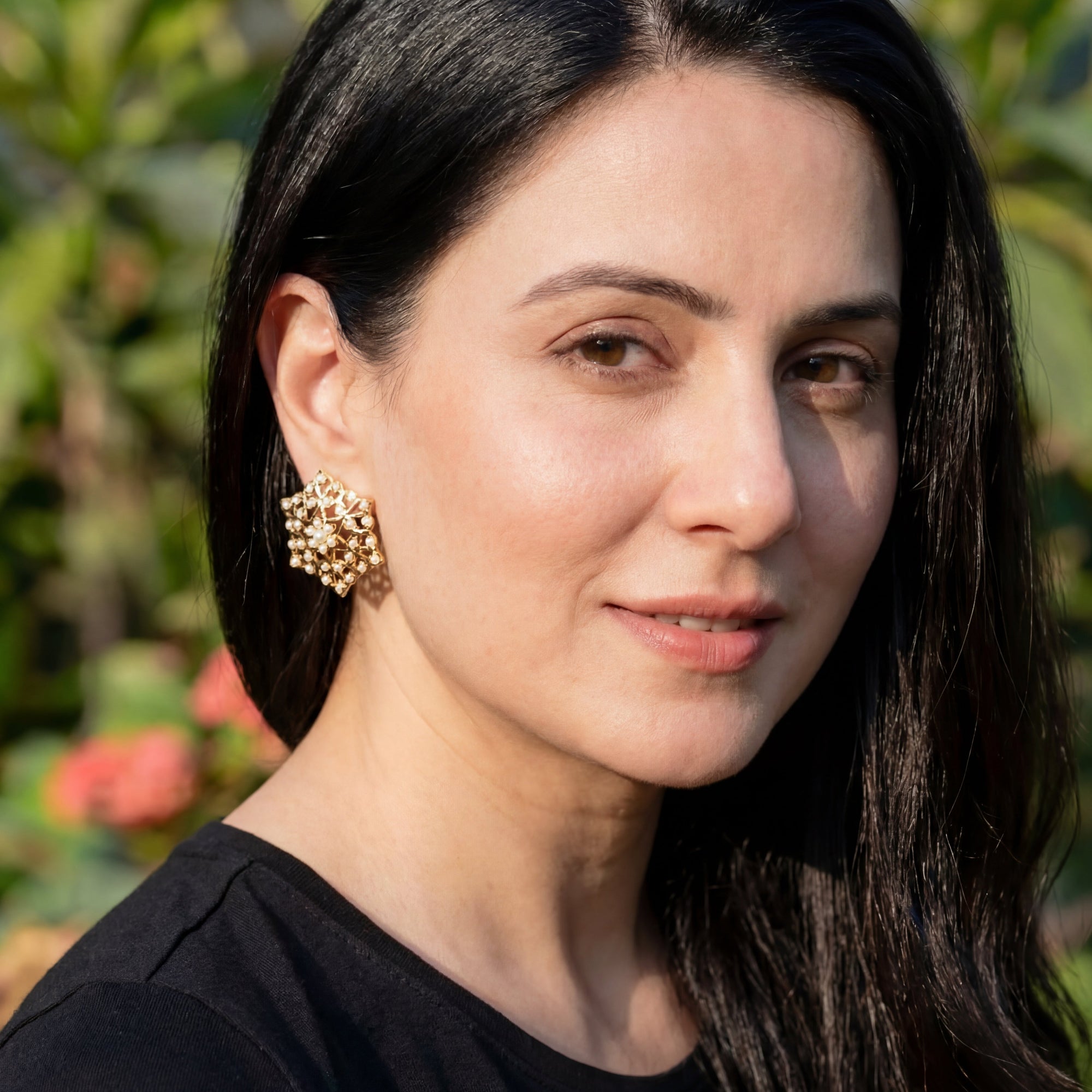 Modern Gold Plated Pearl Earrings | Jadau Studs ER 480