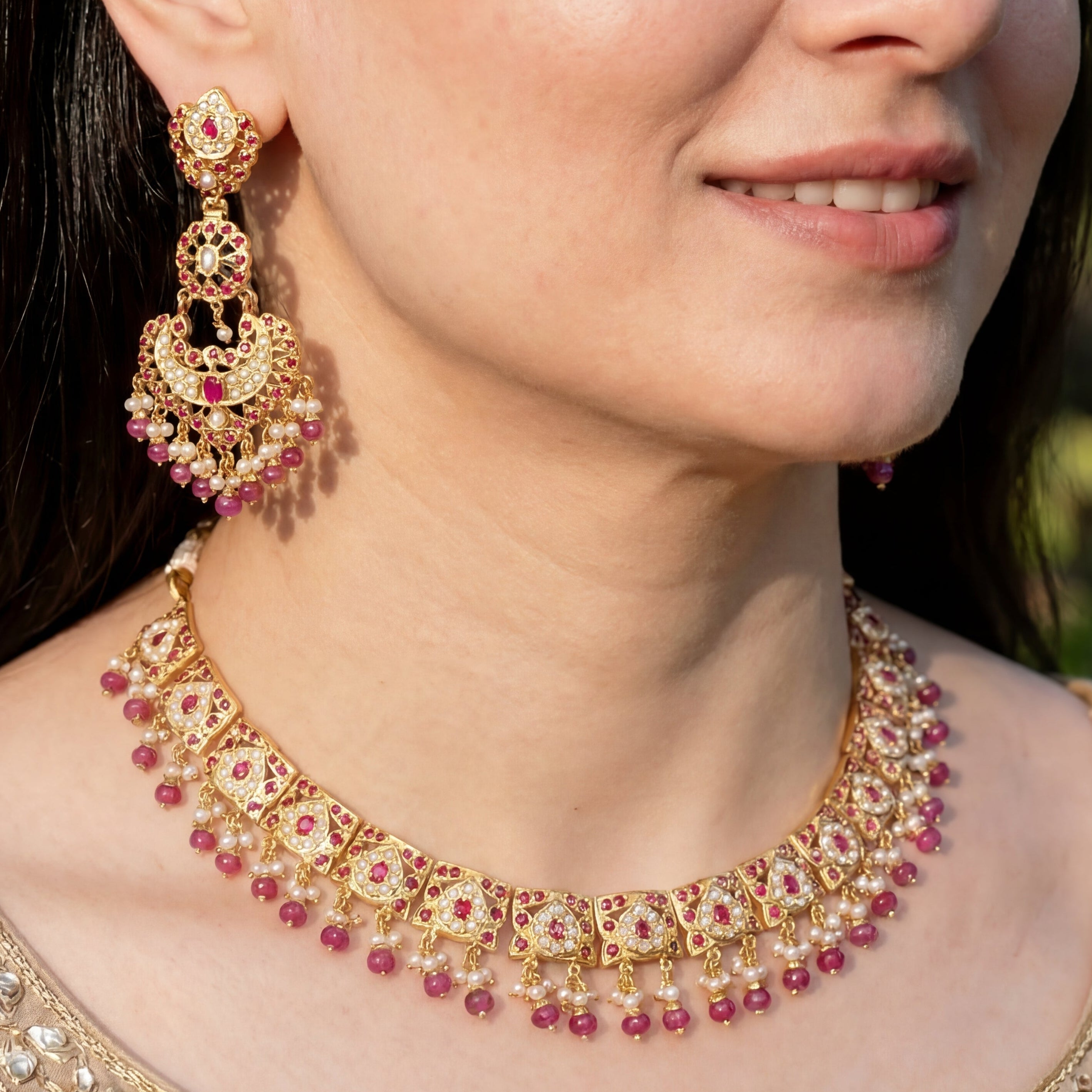 Ruby Necklace Set | Freshwater Pearls | Indian Jadau Jewelry NS 189
