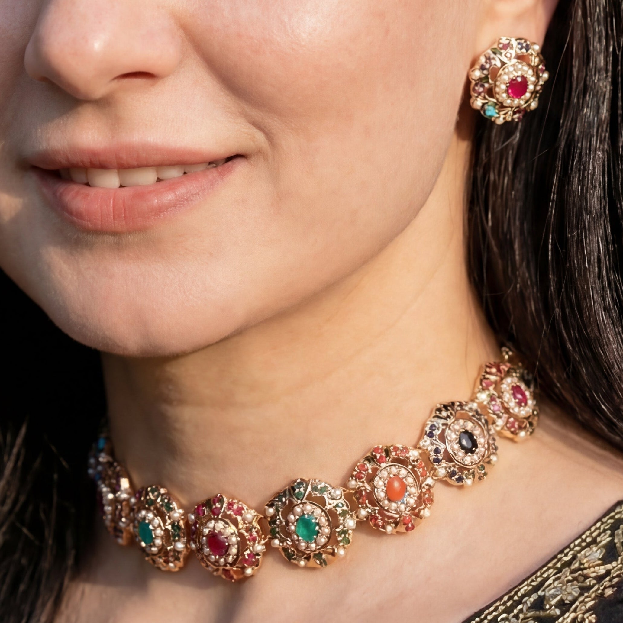 Premium Gold Plated Jadau Choker Set | Sterling Silver Base NS 435