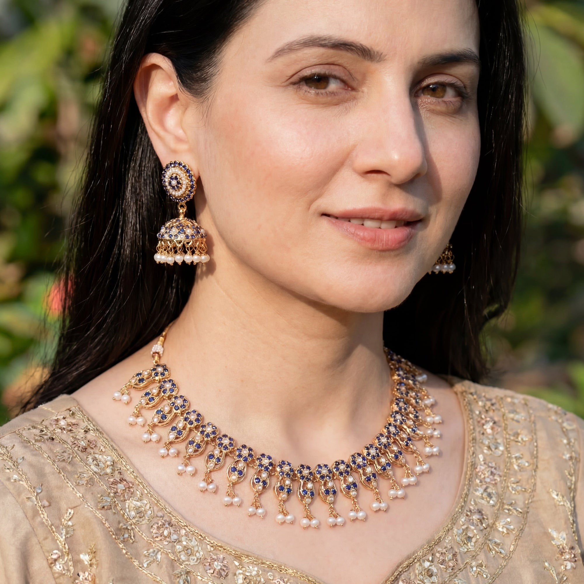 Classy Jadau Necklace Paired with Jhumkas | Gold Plated on Silver NS 437