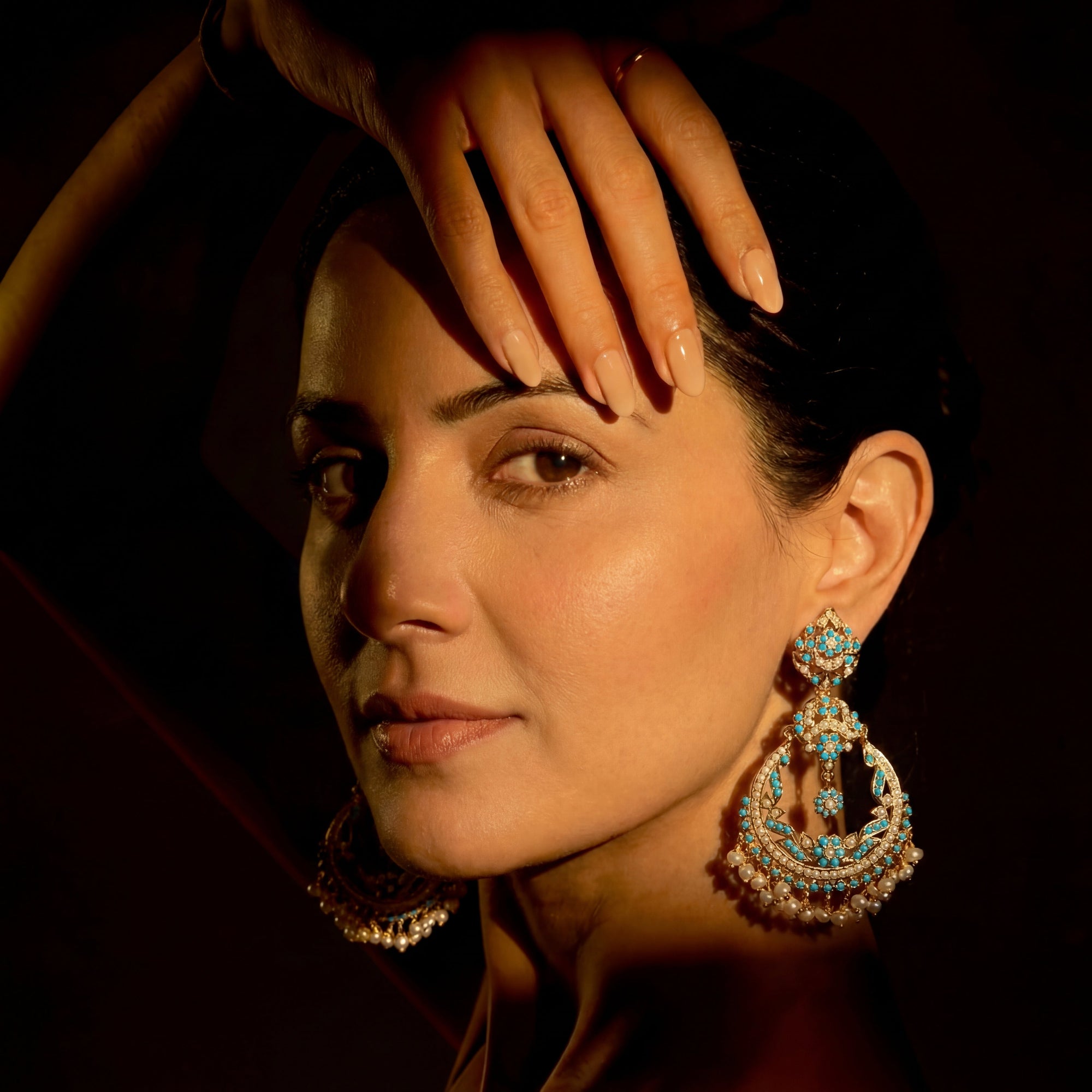 Long Feroza Chandbali Earrings | Antique Style Design | Gold Plated Jewelry For Women ER 053