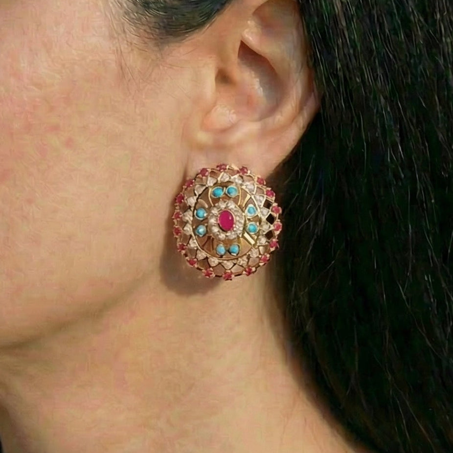 Intricate Oval Stud Earrings | Multicoloured Indian Earrings | Indo-Western Design
