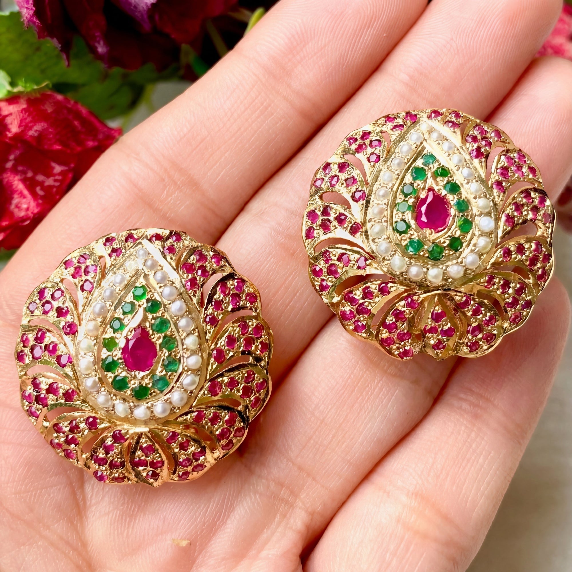Ruby Emerald Studded Round Stud Earrings | Gold Plated on Sterling Silver ER 071