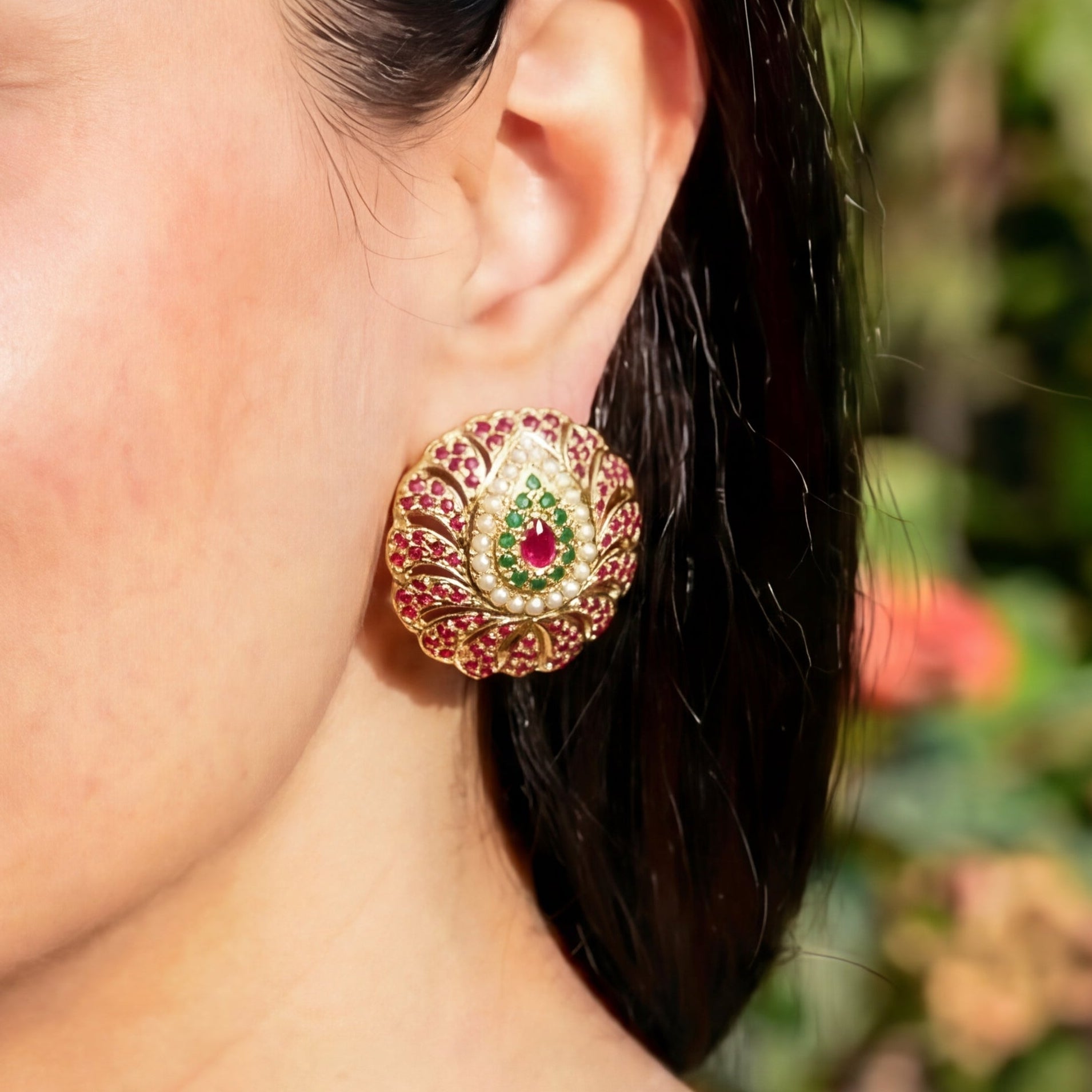 Ruby Emerald Studded Round Stud Earrings | Gold Plated on Sterling Silver ER 071