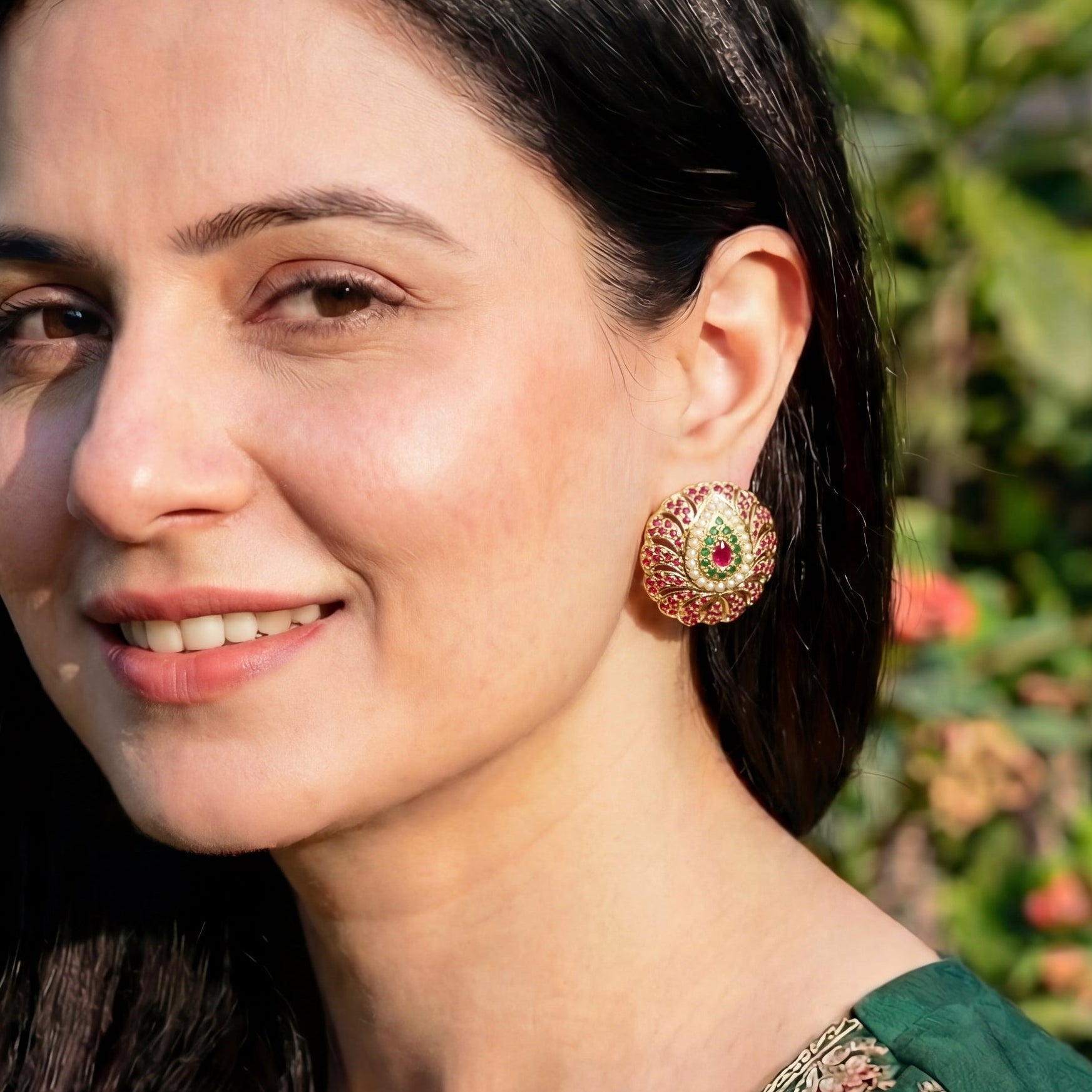 Ruby Emerald Studded Round Stud Earrings | Gold Plated on Sterling Silver ER 071