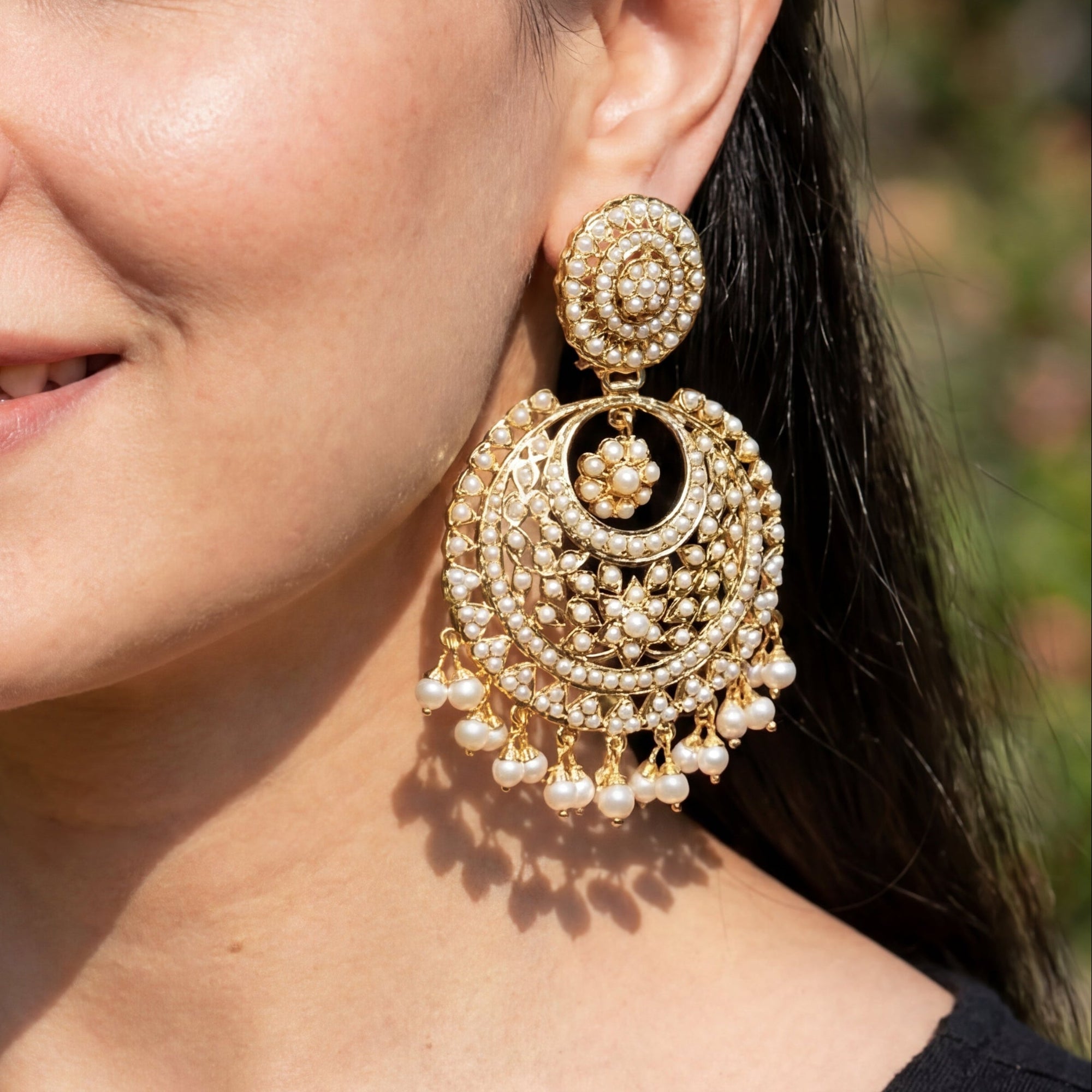 Big Gold Plated Pearl Chandbali Earrings | Drop & Dangle | Freshwater Pearls ER 084
