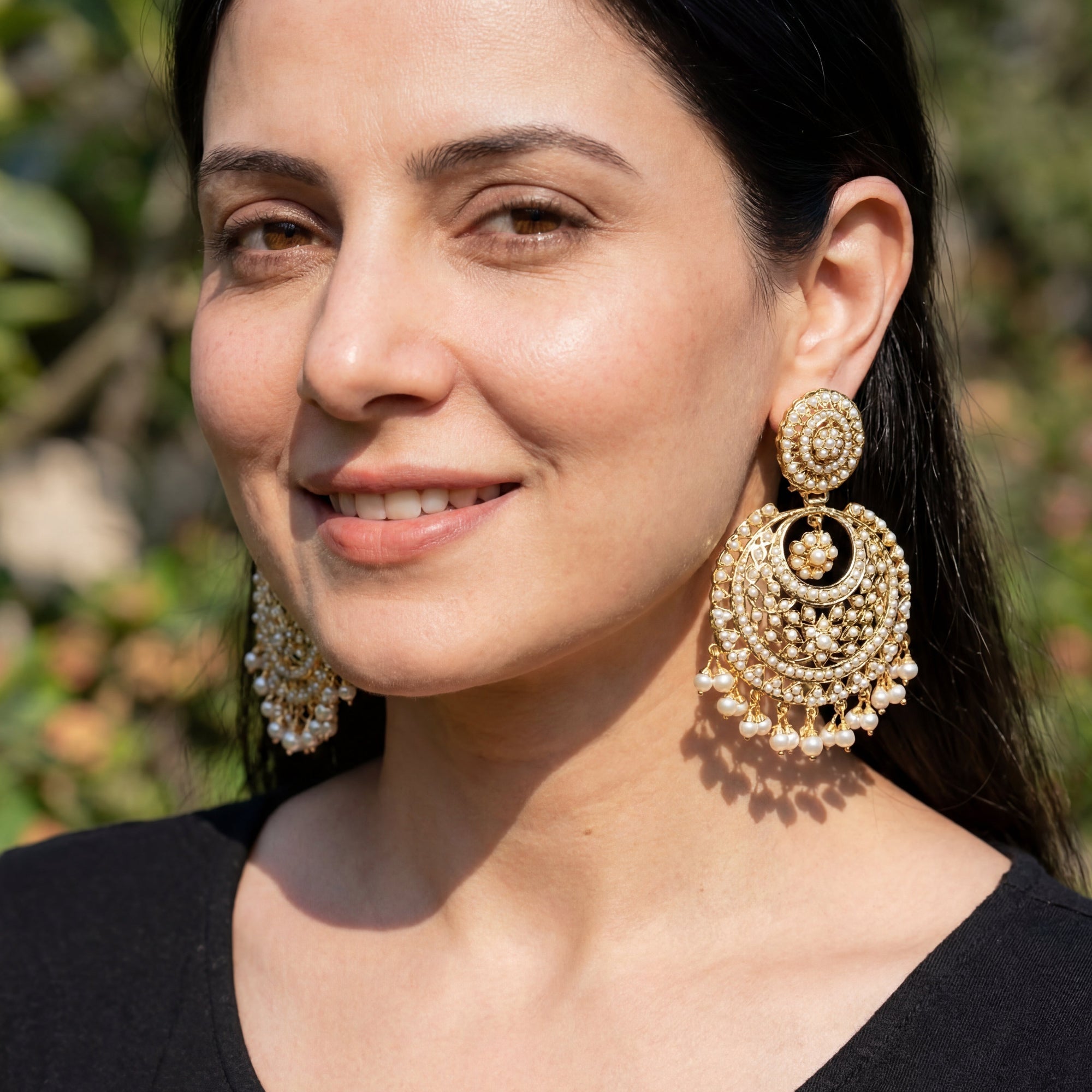 Big Gold Plated Pearl Chandbali Earrings | Drop & Dangle | Freshwater Pearls ER 084