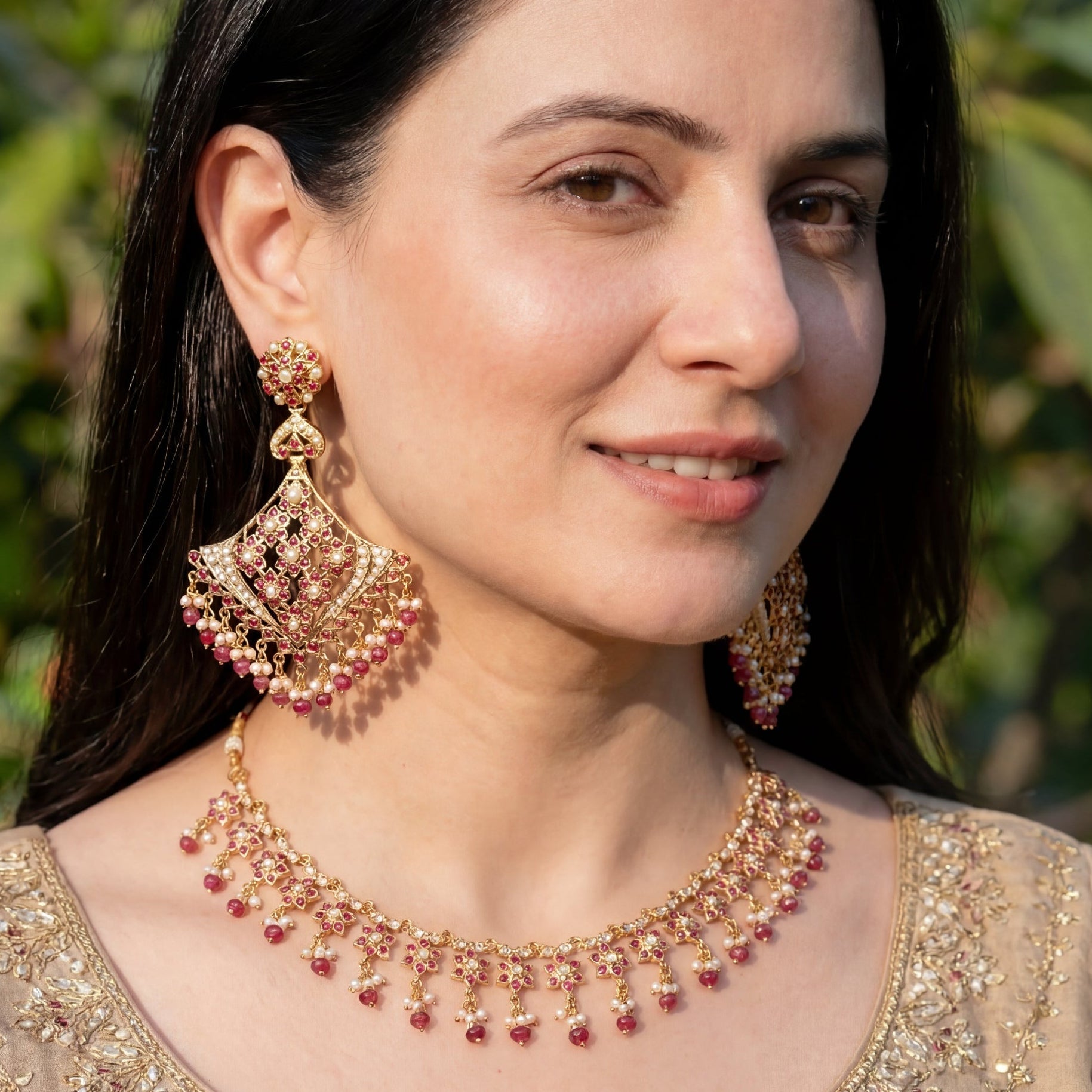 Dainty Necklace with Statement Earrings | Fashion Jadau Set on Silver NS 328