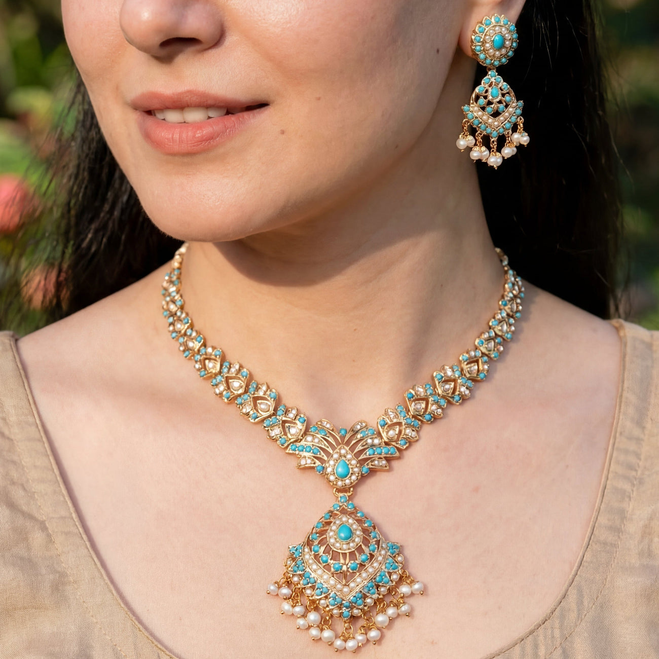 Fine Silver Jewelry Online | Indian Necklace Set | Real Pearl & Firoza Set NS 169