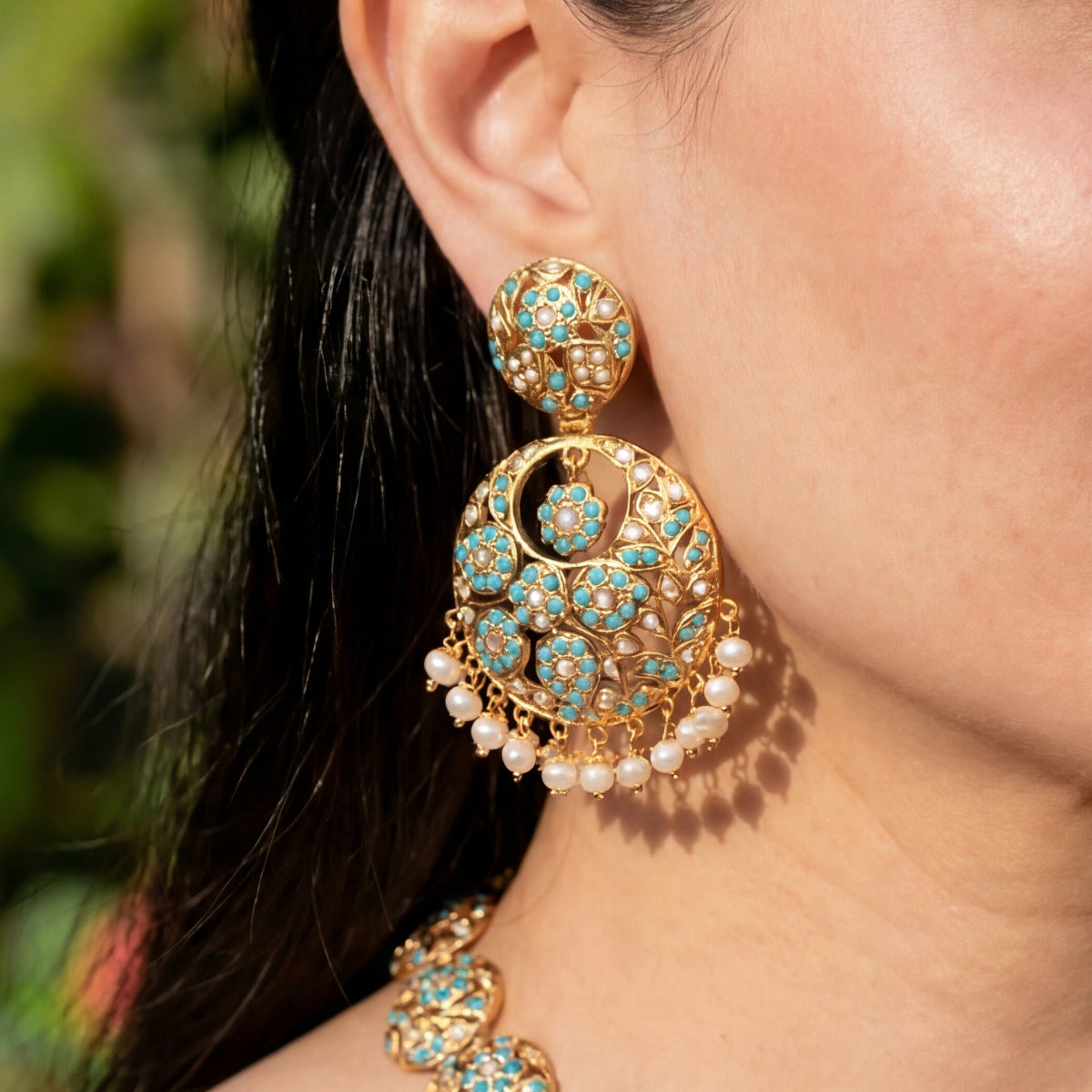 Floral Feroza and Pearl Necklace with Chandbali Earrings | Firoza Necklace Set NS 242