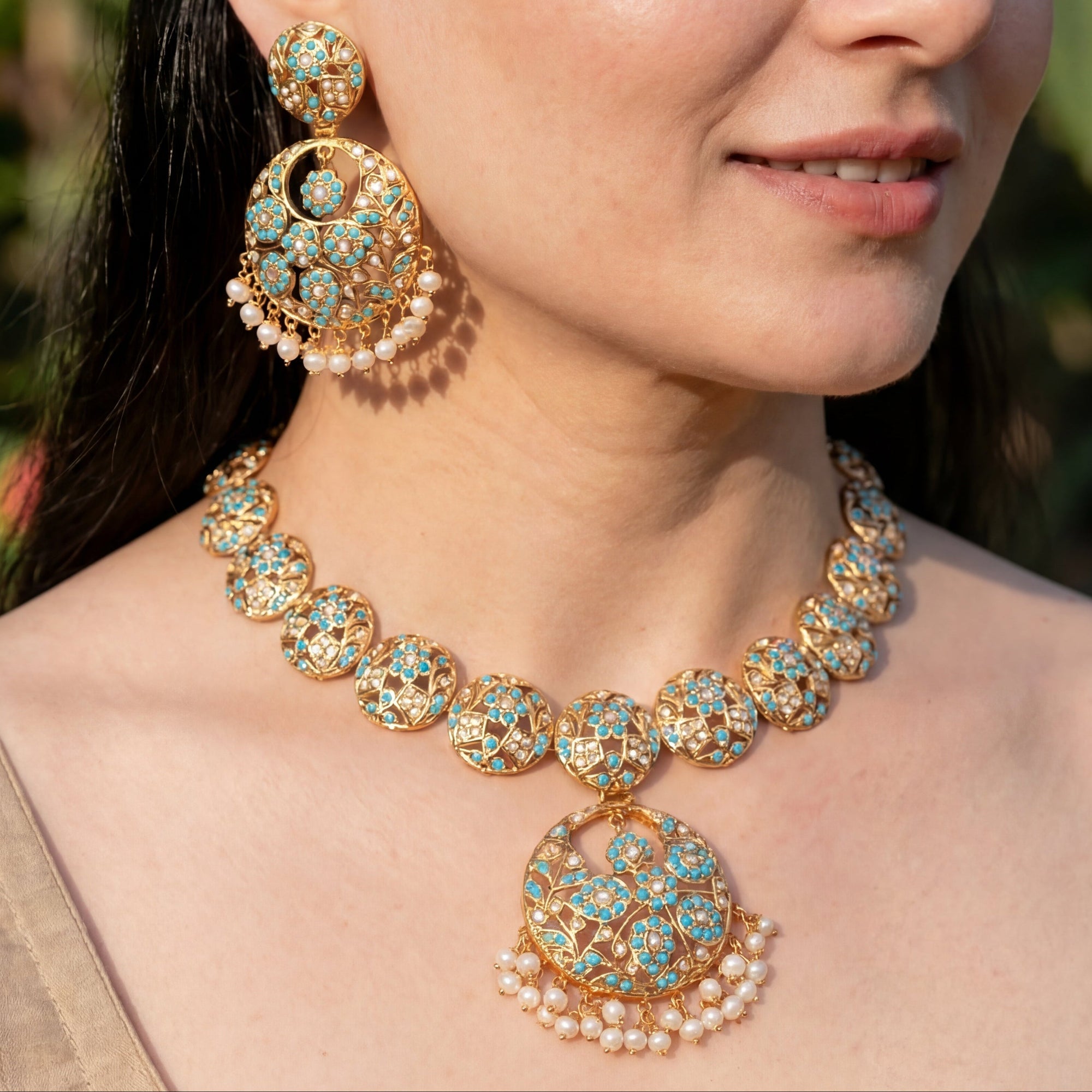 Floral Feroza and Pearl Necklace with Chandbali Earrings | Firoza Necklace Set NS 242