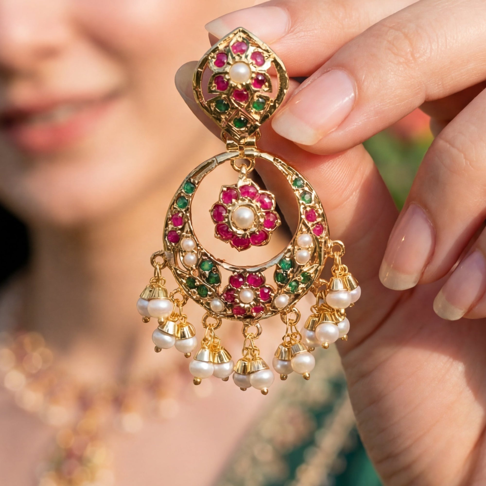 Delicate Pendant Necklace with Chandbali Earrings | Gold Plated Silver | Indian Jadau NS 348