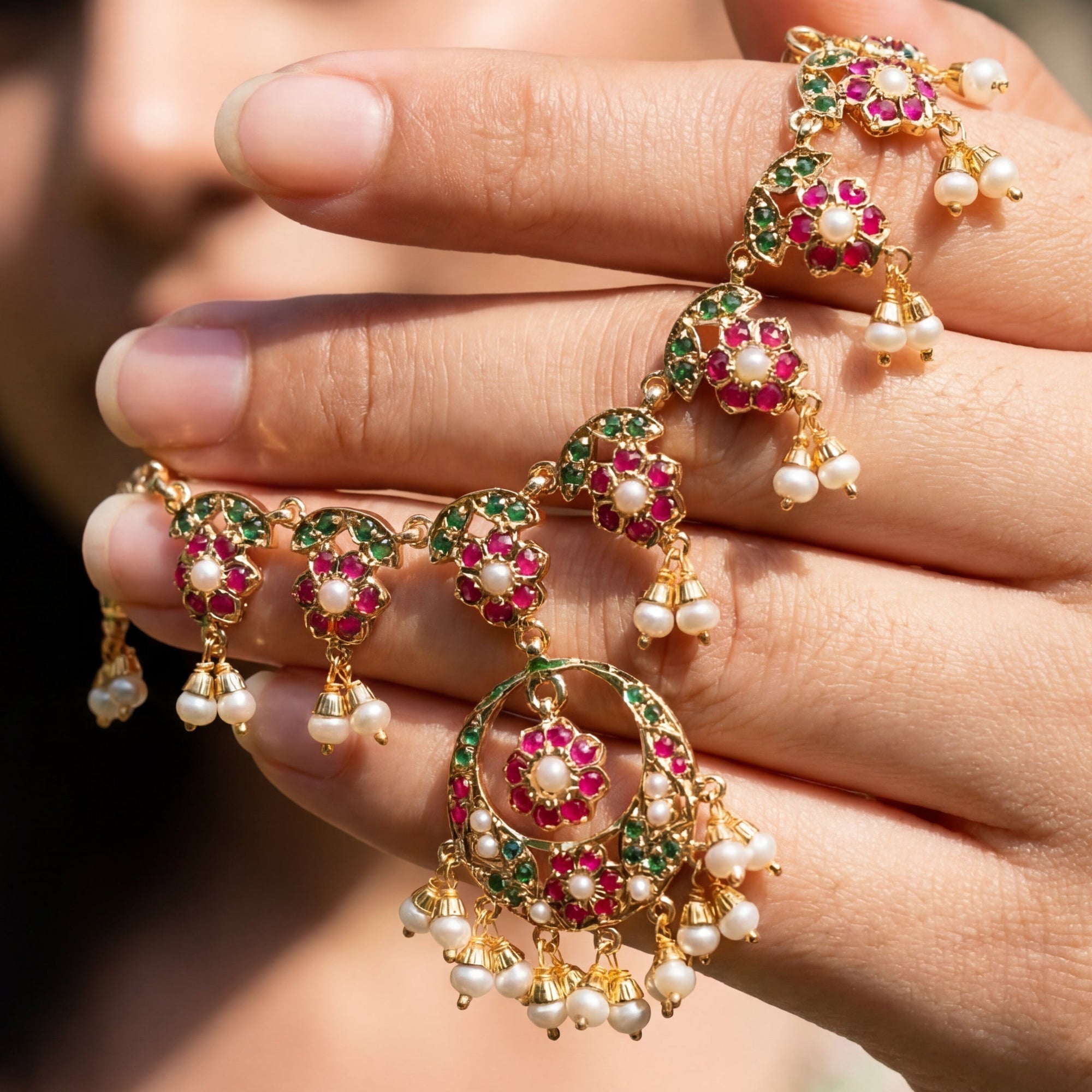 Delicate Pendant Necklace with Chandbali Earrings | Gold Plated Silver | Indian Jadau NS 348