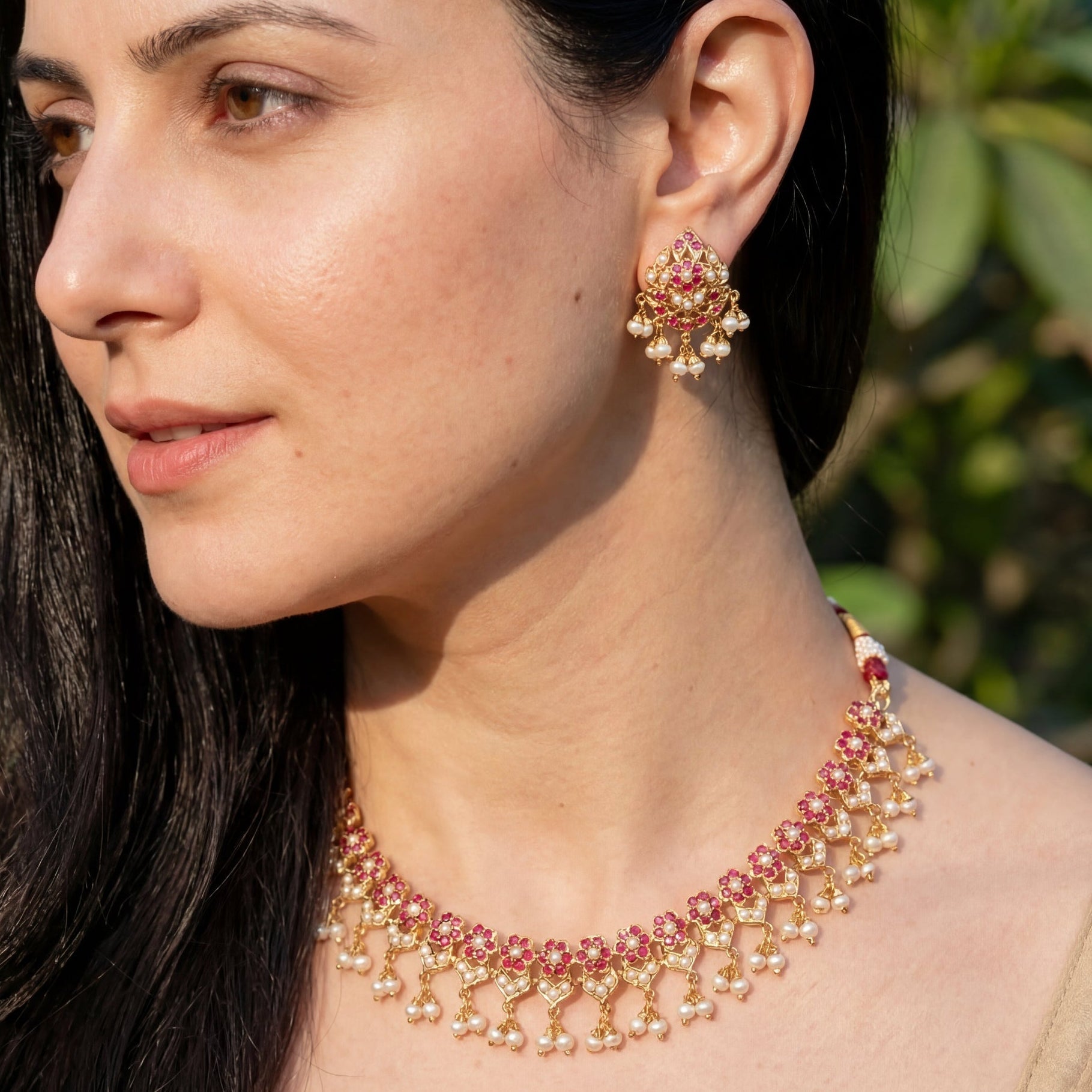 Sober & Simple Indian Gold Plated Necklace Set | Ruby-Red & Pearl Studded NS 287