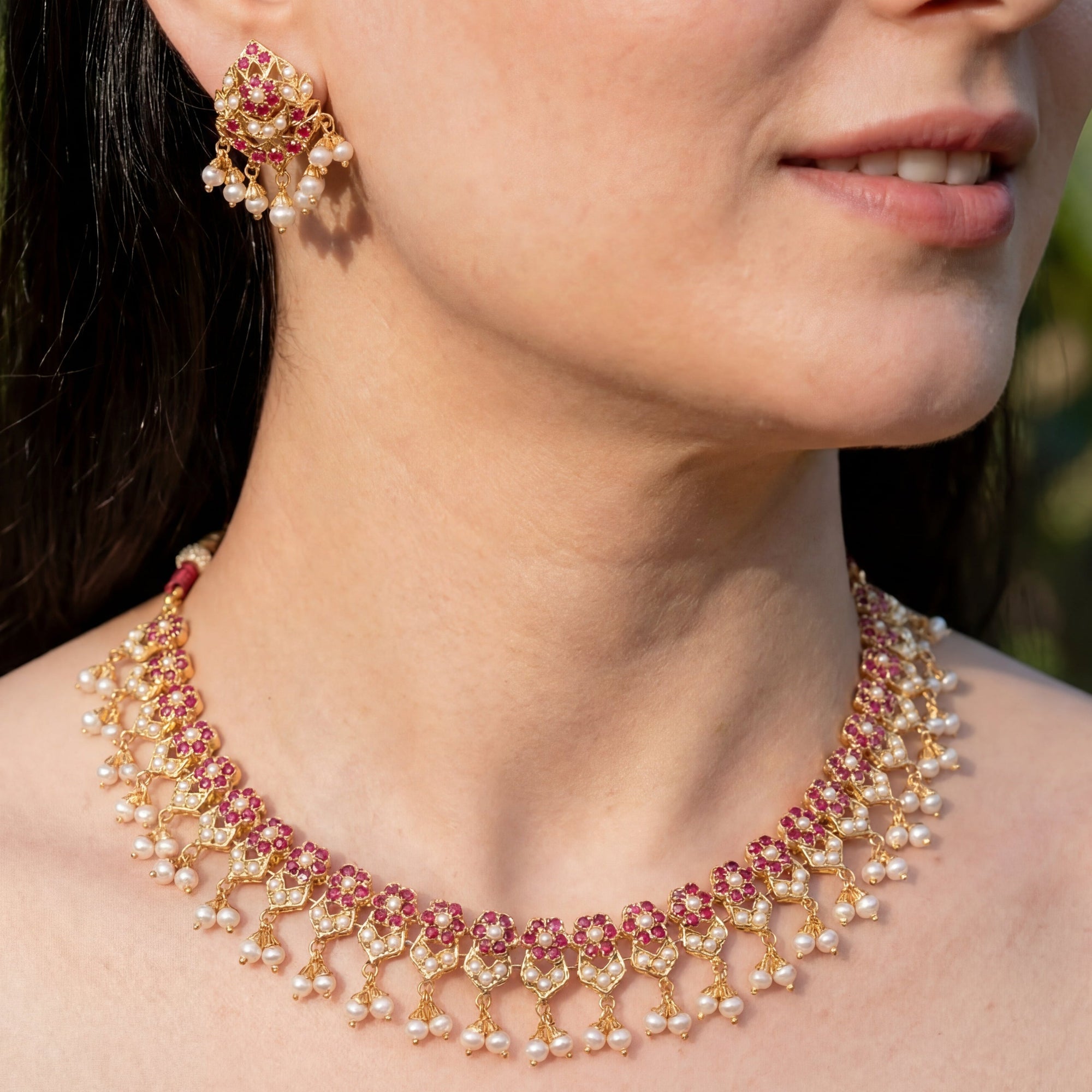 Sober & Simple Indian Gold Plated Necklace Set | Ruby-Red & Pearl Studded NS 287