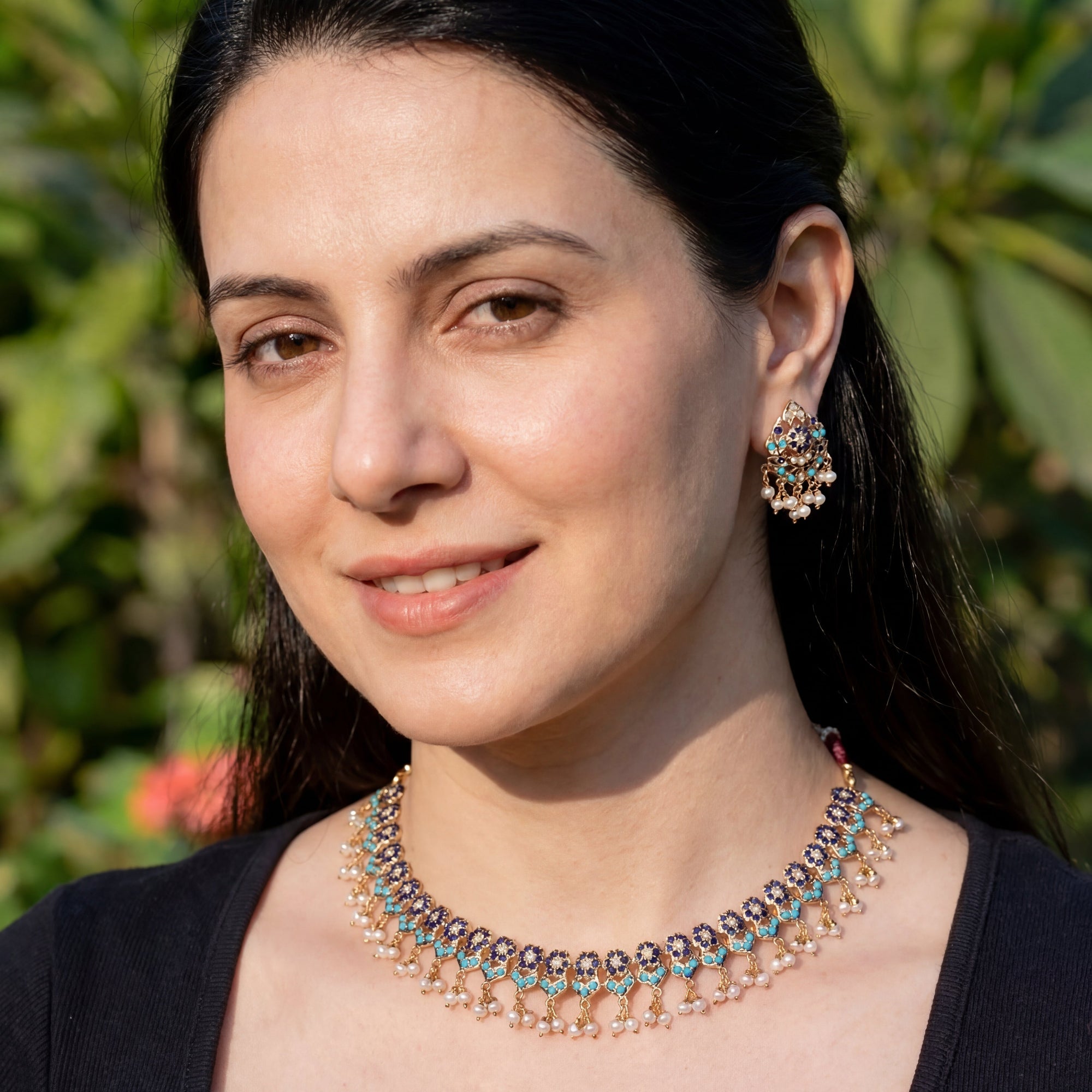 Delicate Necklace with Sapphire Feroza Combination | Jadau Necklace Set on Silver NS 355