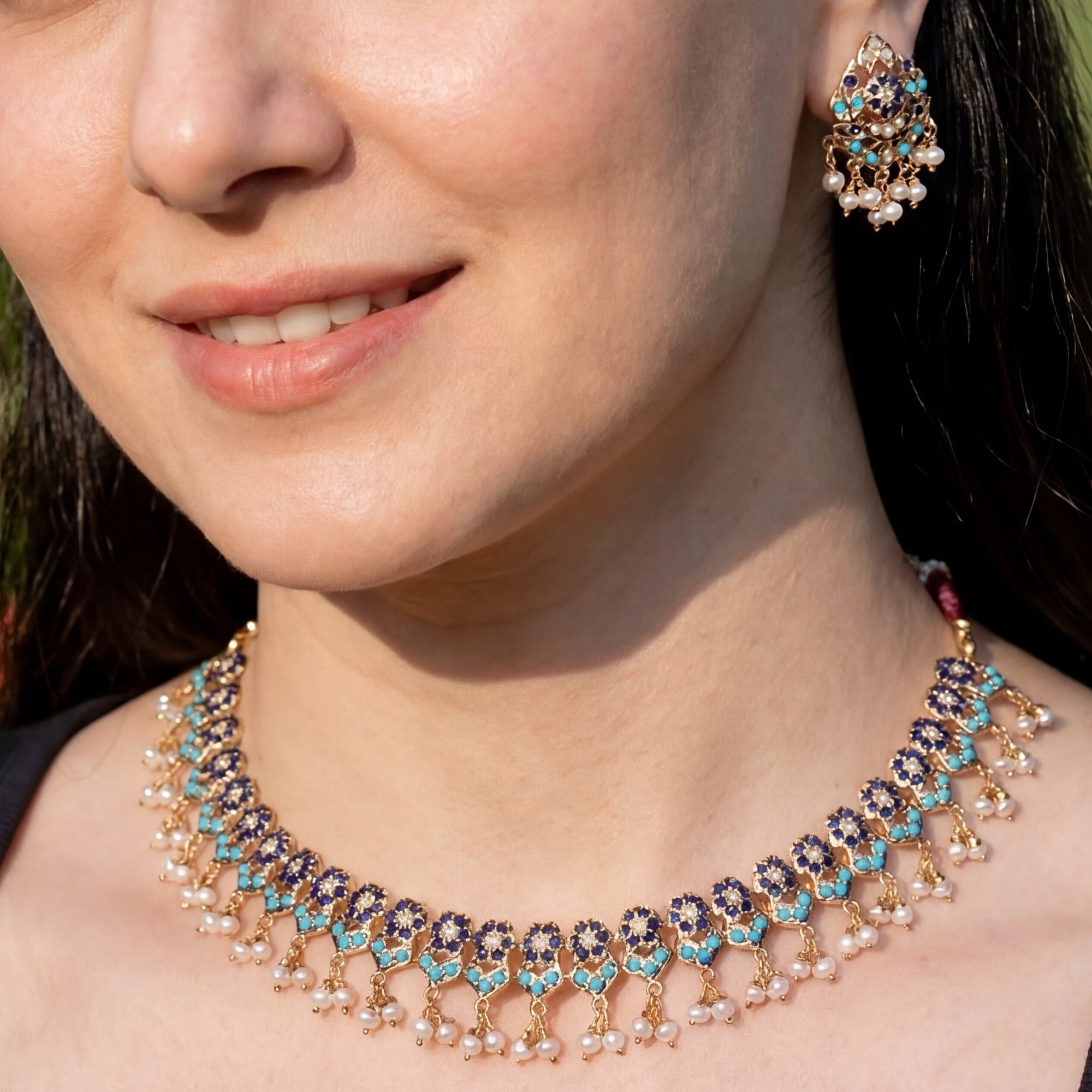 Delicate Necklace with Sapphire Feroza Combination | Jadau Necklace Set on Silver NS 355
