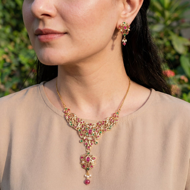 Antique Styled Jadau Chain Necklace Set | Gold Plated on 925 Silver  NS 443